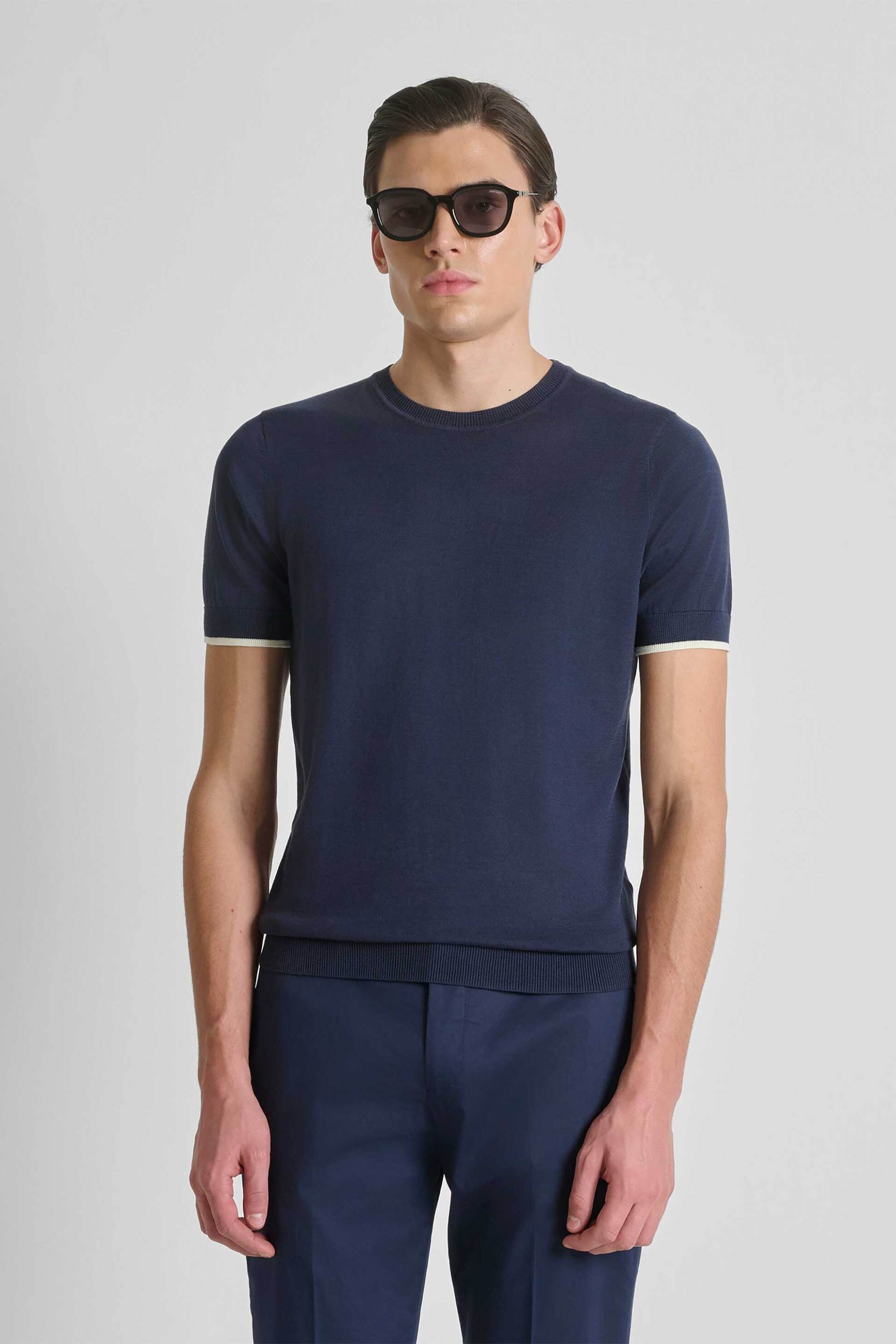 Antony Morato ανδρική πλεκτή μπλούζα μονόχρωμη Regular Fit - SW01602YA100073 Μπλε Σκούρο
