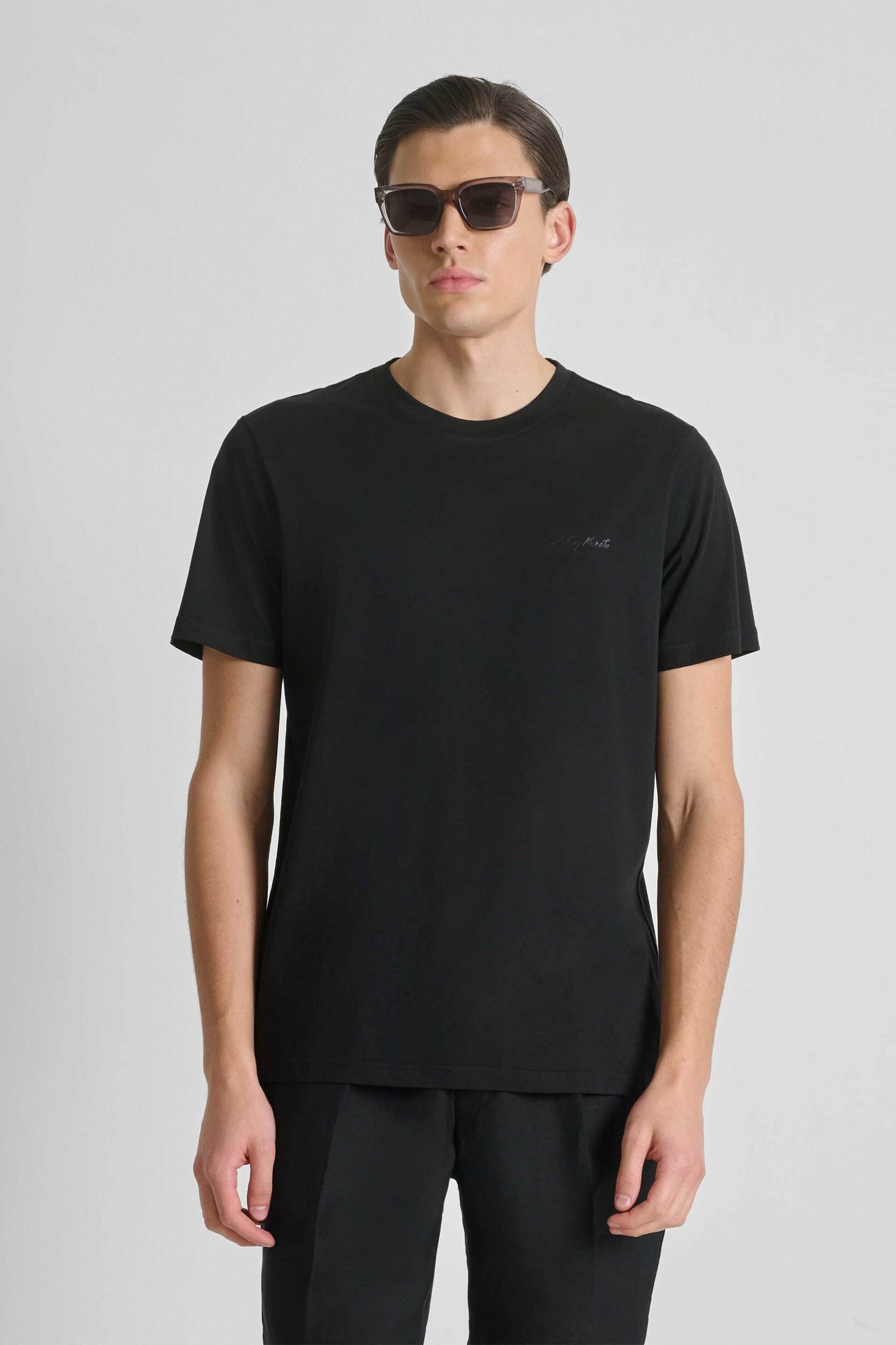 Antony Morato ανδρικό T-shirt μονόχρωμο με λογότυπο Regular Fit - KS02662FA100231 Μαύρο
