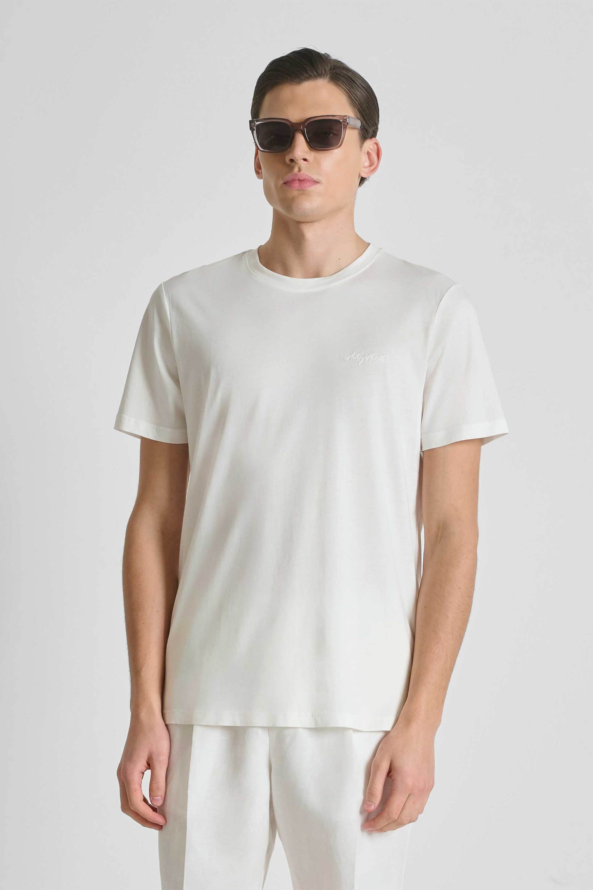 Antony Morato ανδρικό T-shirt μονόχρωμο με λογότυπο Regular Fit - KS02662FA100231 Υπόλευκο