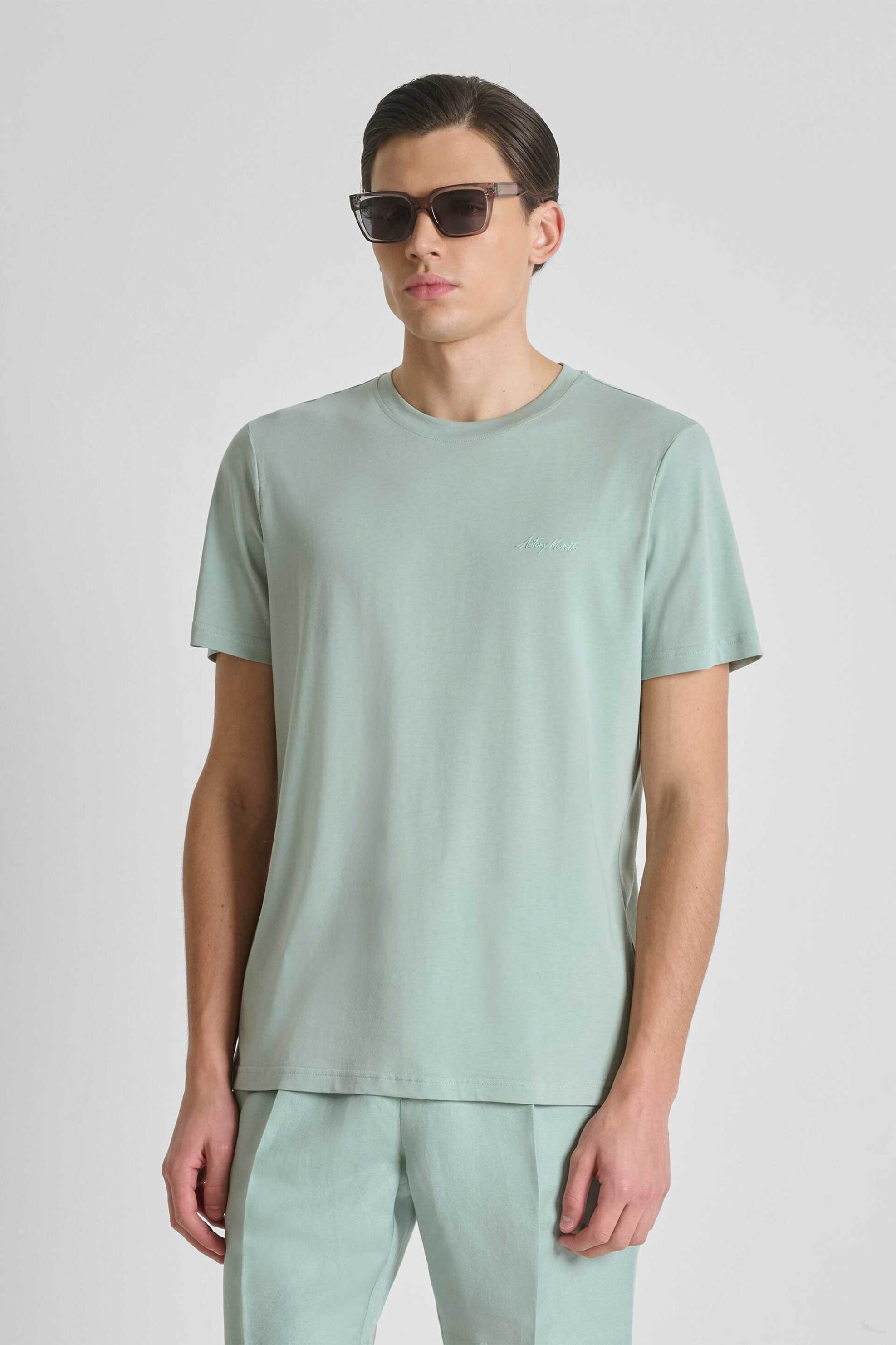 Antony Morato ανδρικό T-shirt μονόχρωμο με λογότυπο Regular Fit - KS02662FA100231 Πράσινο Μέντας