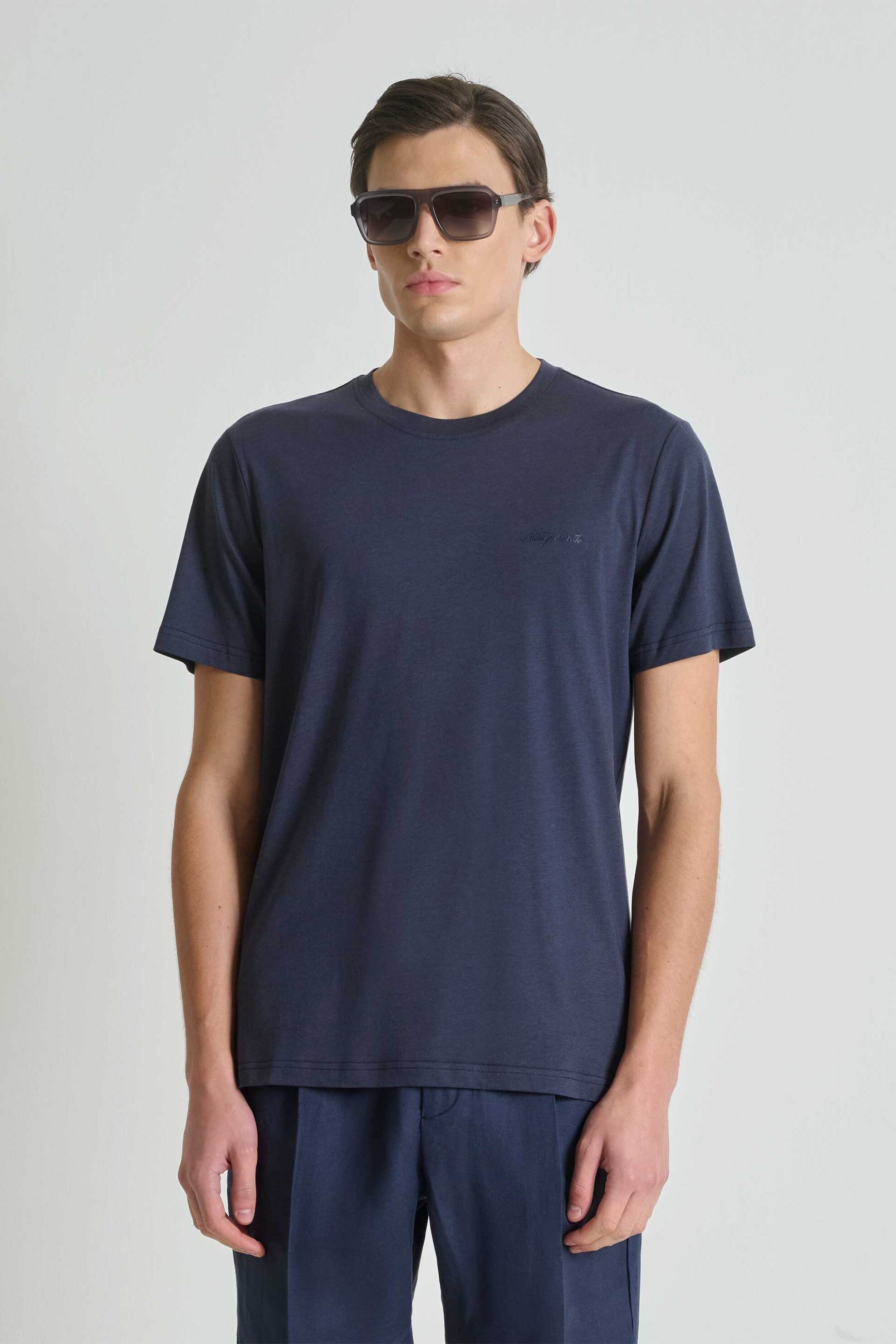 Antony Morato ανδρικό T-shirt μονόχρωμο με λογότυπο Regular Fit - KS02662FA100231 Μπλε Σκούρο