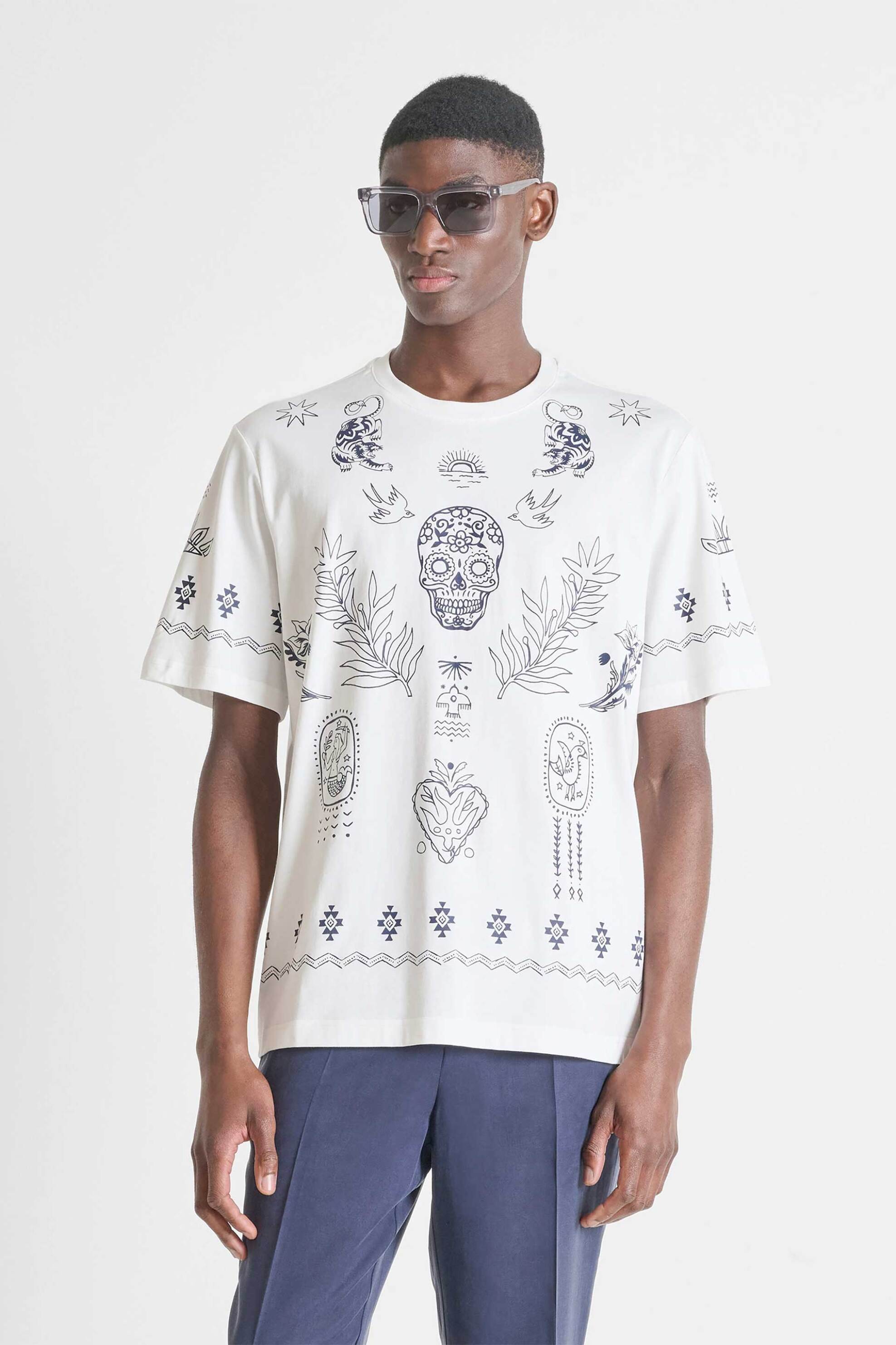 Antony Morato ανδρικό T-shirt με all-over print Relaxed Fit - KS02668FA100144 Υπόλευκο