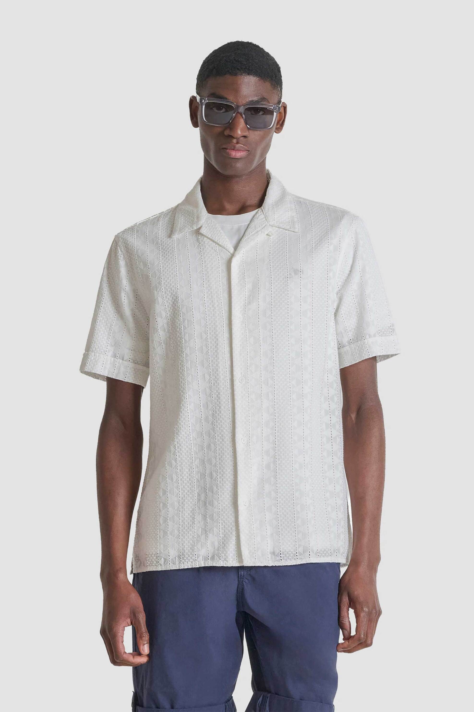 Antony Morato ανδρικό πουκάμισο με κεντημένο σχέδιο Relaxed Fit "Honolulu" - SS00189FA440071 Υπόλευκο
