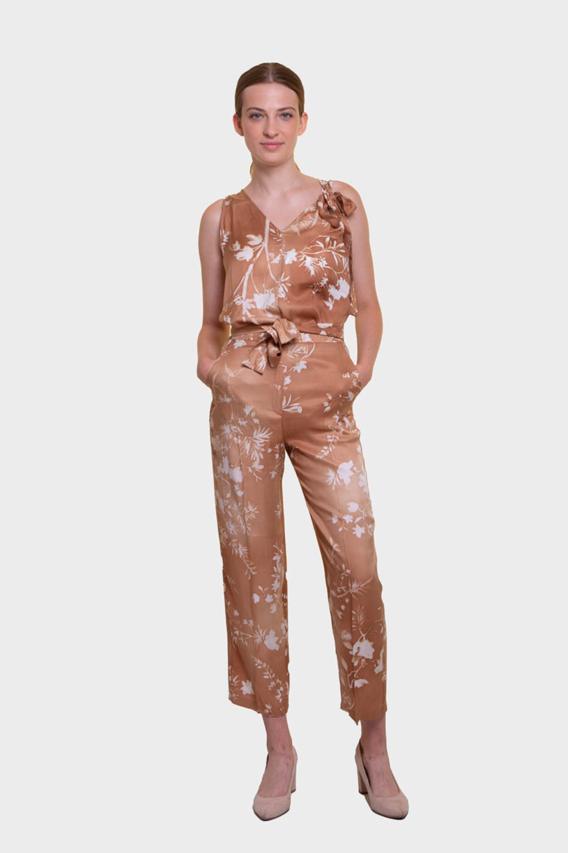 Emme by Marella γυναικείο παντελόνι cropped με floral print και ζώνη - 2515131221200 Καφέ