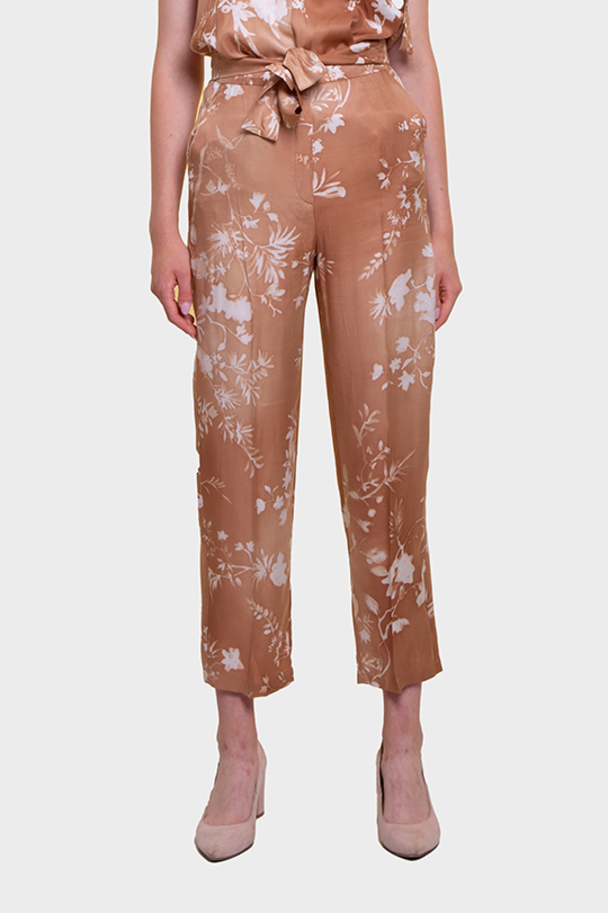 EMME Emme by Marella γυναικείο παντελόνι cropped με floral print και ζώνη - 2515131221200 Καφέ - 2