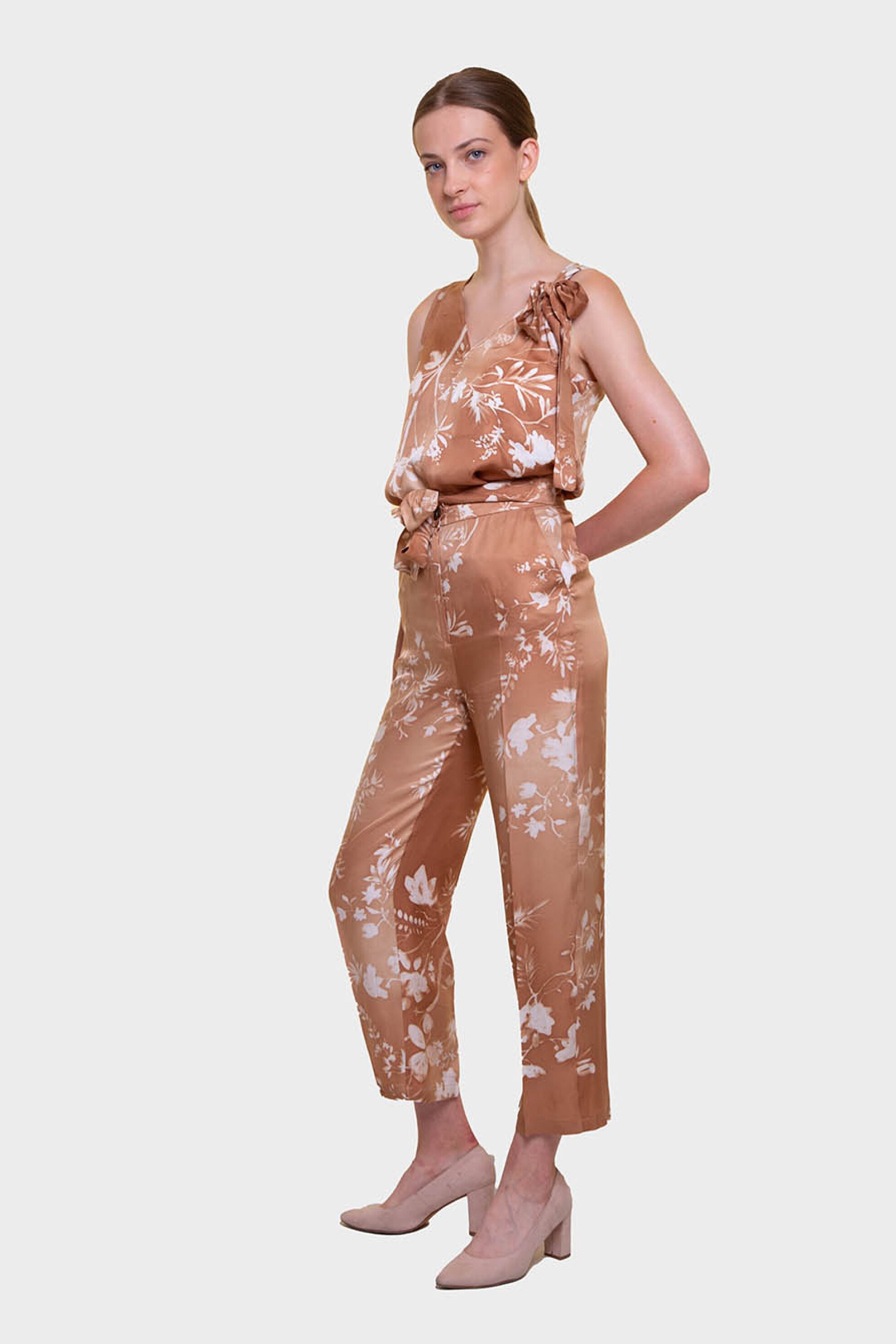 EMME Emme by Marella γυναικείο παντελόνι cropped με floral print και ζώνη - 2515131221200 Καφέ - 3
