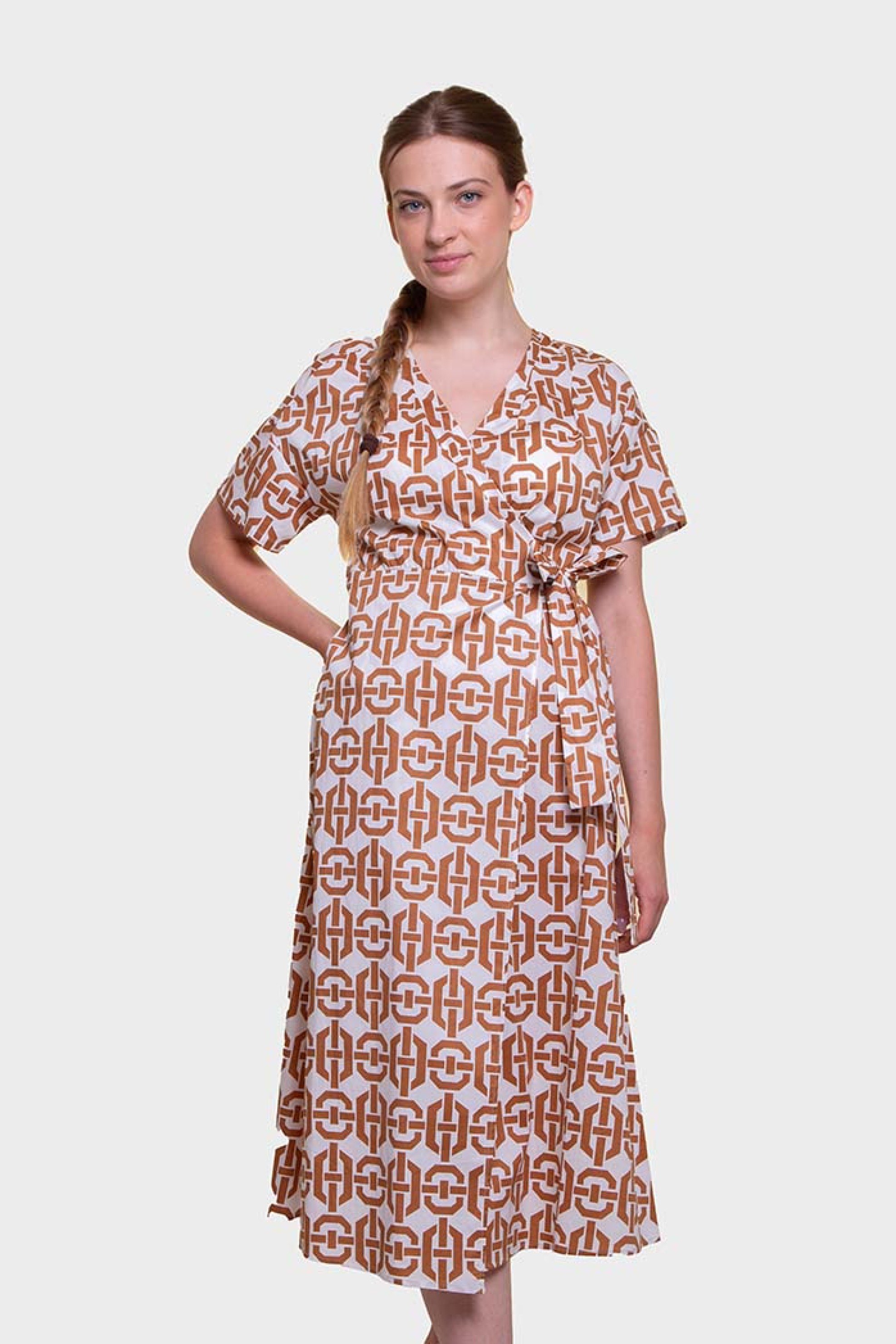 Emme by Marella γυναικείο midi φόρεμα κρουαζέ με geometrical print - 2515221292200 Καφέ Ανοιχτό