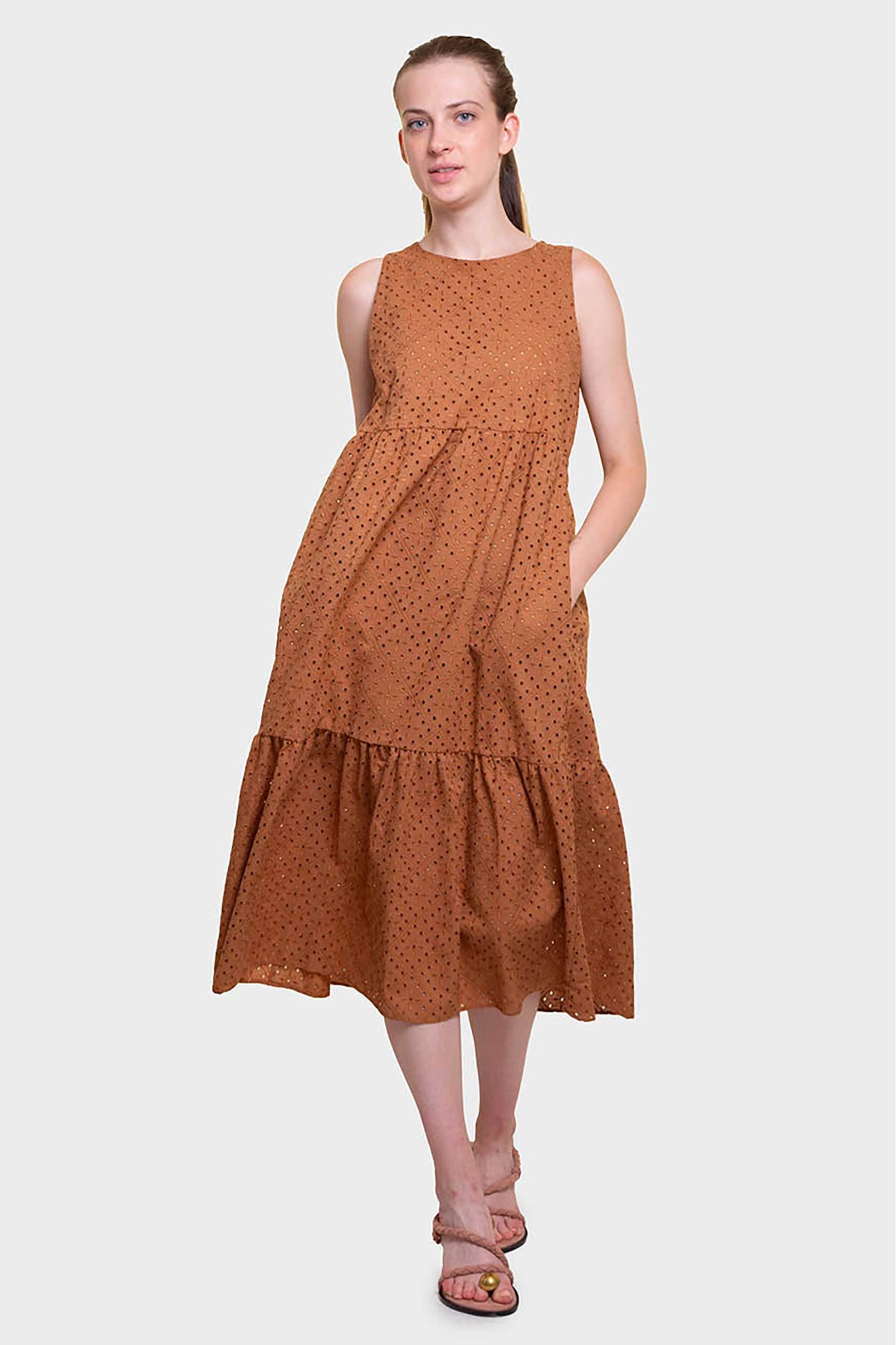 EMME BY MARELLA Emme by Marella γυναικείο midi φόρεμα αμάνικο με διάτρητο κεντητό σχέδιο - 2515221432200 Καφέ