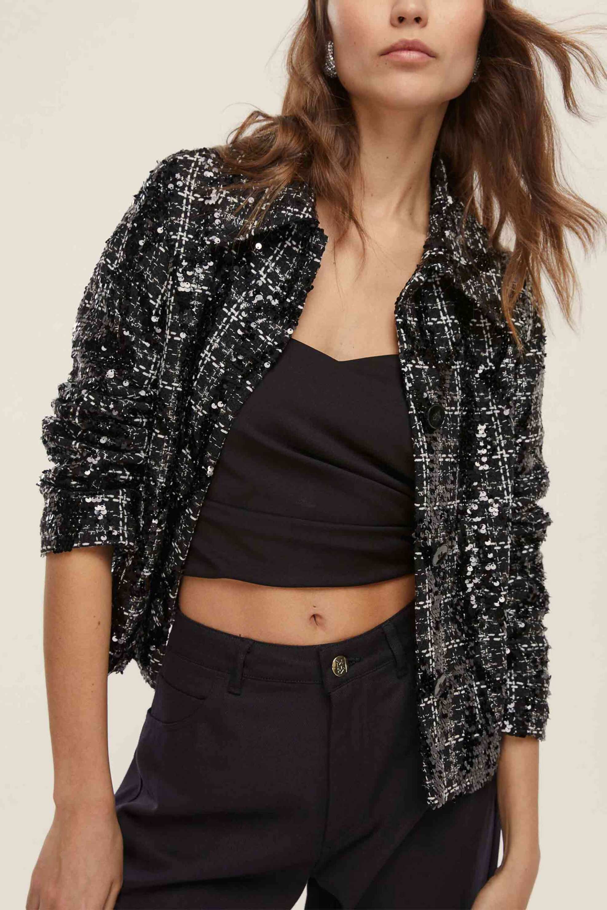 EMME Emme by Marella γυναικείο σακάκι tweed με παγιέτα "Frank" - 2525046011200 Μαύρο