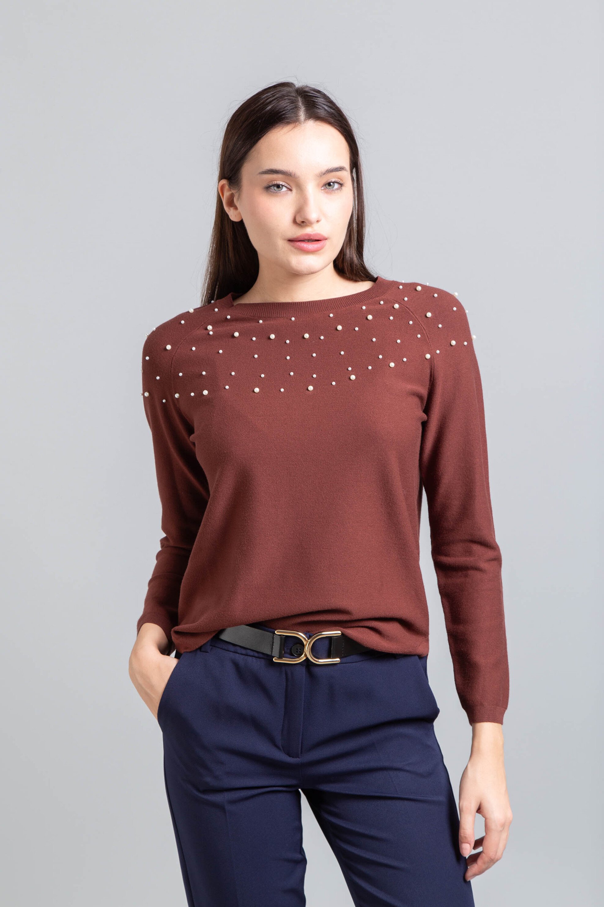 EMME Emme by Marella γυναικεία πλεκτή μπλούζα με πέρλες "Gianni" - 2525366152200 Μπορντό