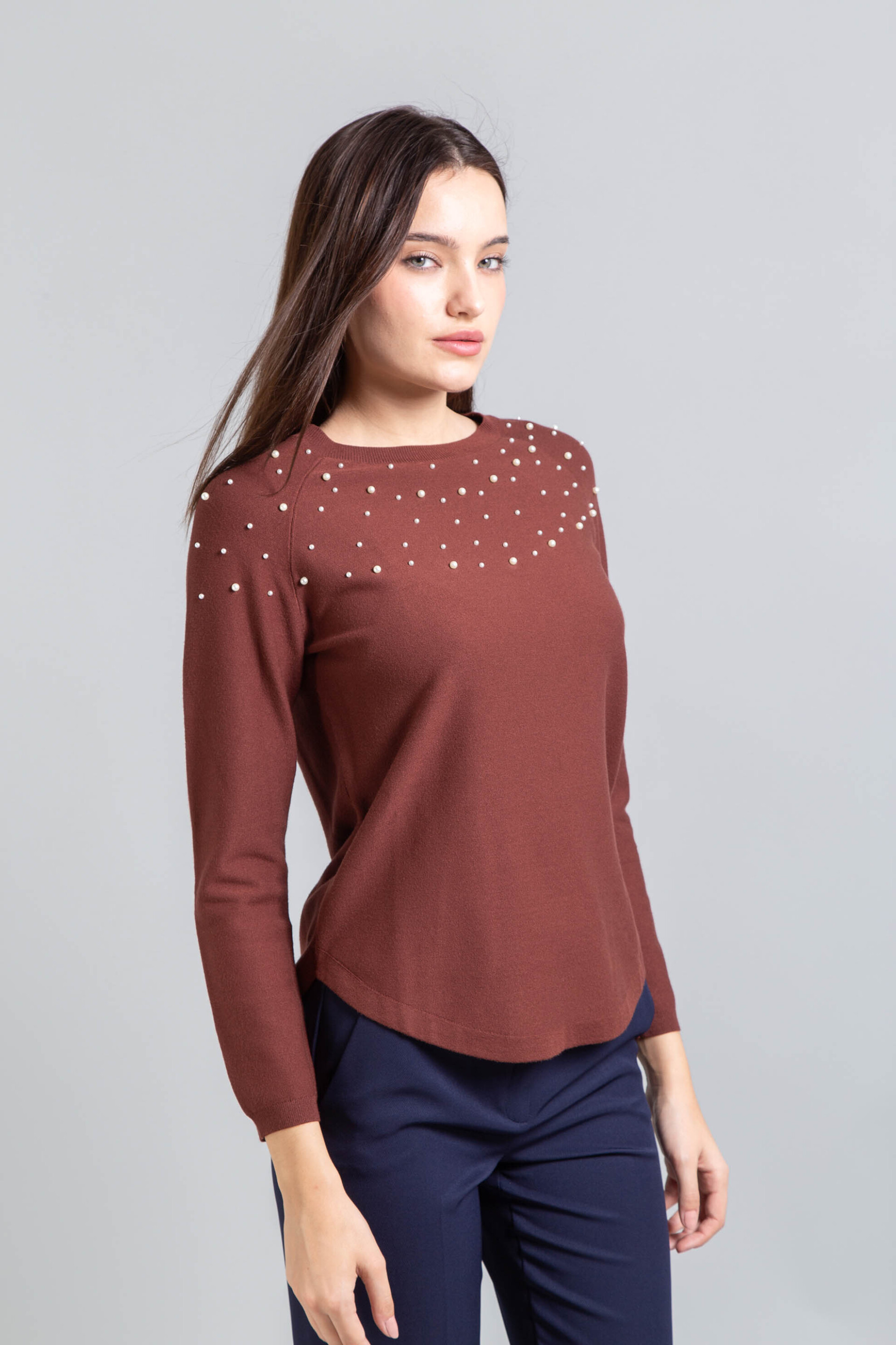 Emme by Marella γυναικεία πλεκτή μπλούζα με πέρλες "Gianni" - 2525366152200 Μπορντό φωτογραφία