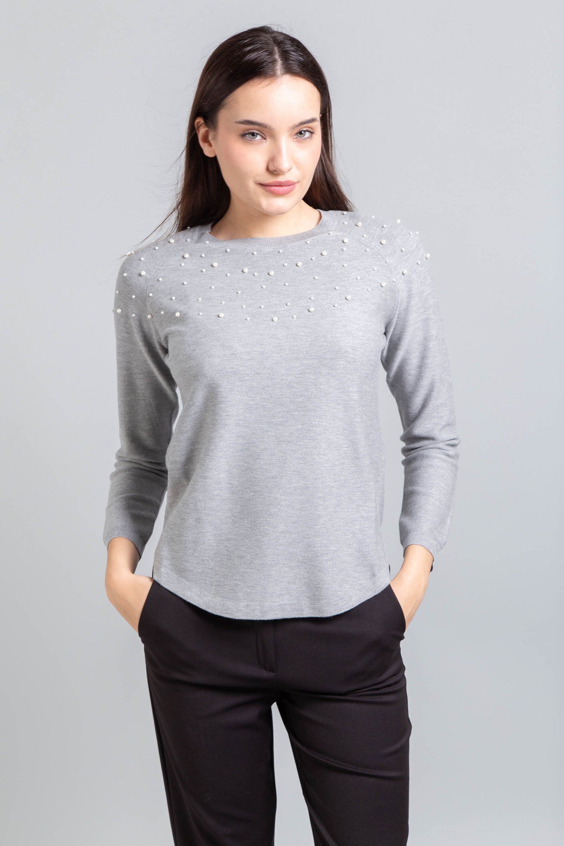 EMME Emme by Marella γυναικεία πλεκτή μπλούζα με πέρλες "Gianni" - 2525366152200 Γκρι Ανοιχτό