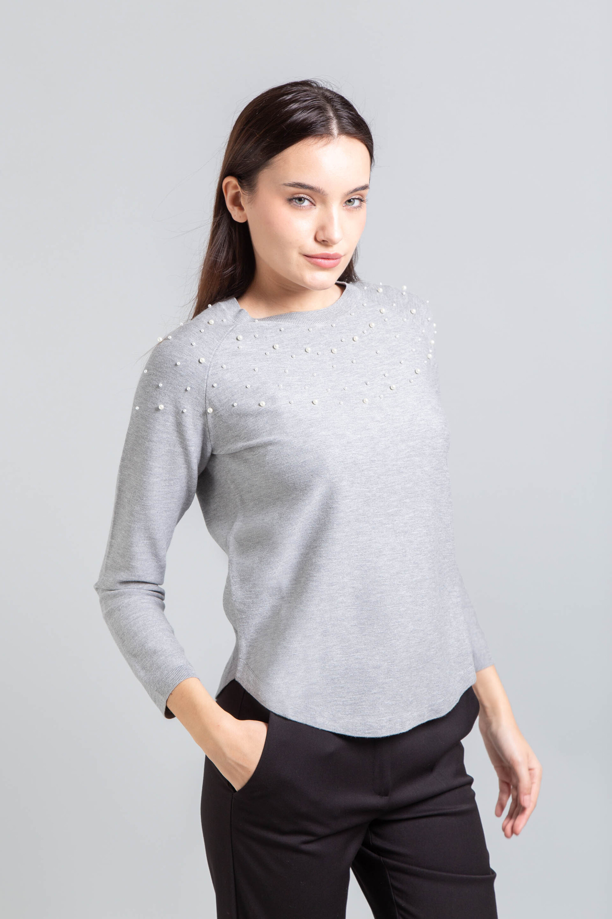 Emme by Marella γυναικεία πλεκτή μπλούζα με πέρλες "Gianni" - 2525366152200 Γκρι Ανοιχτό φωτογραφία
