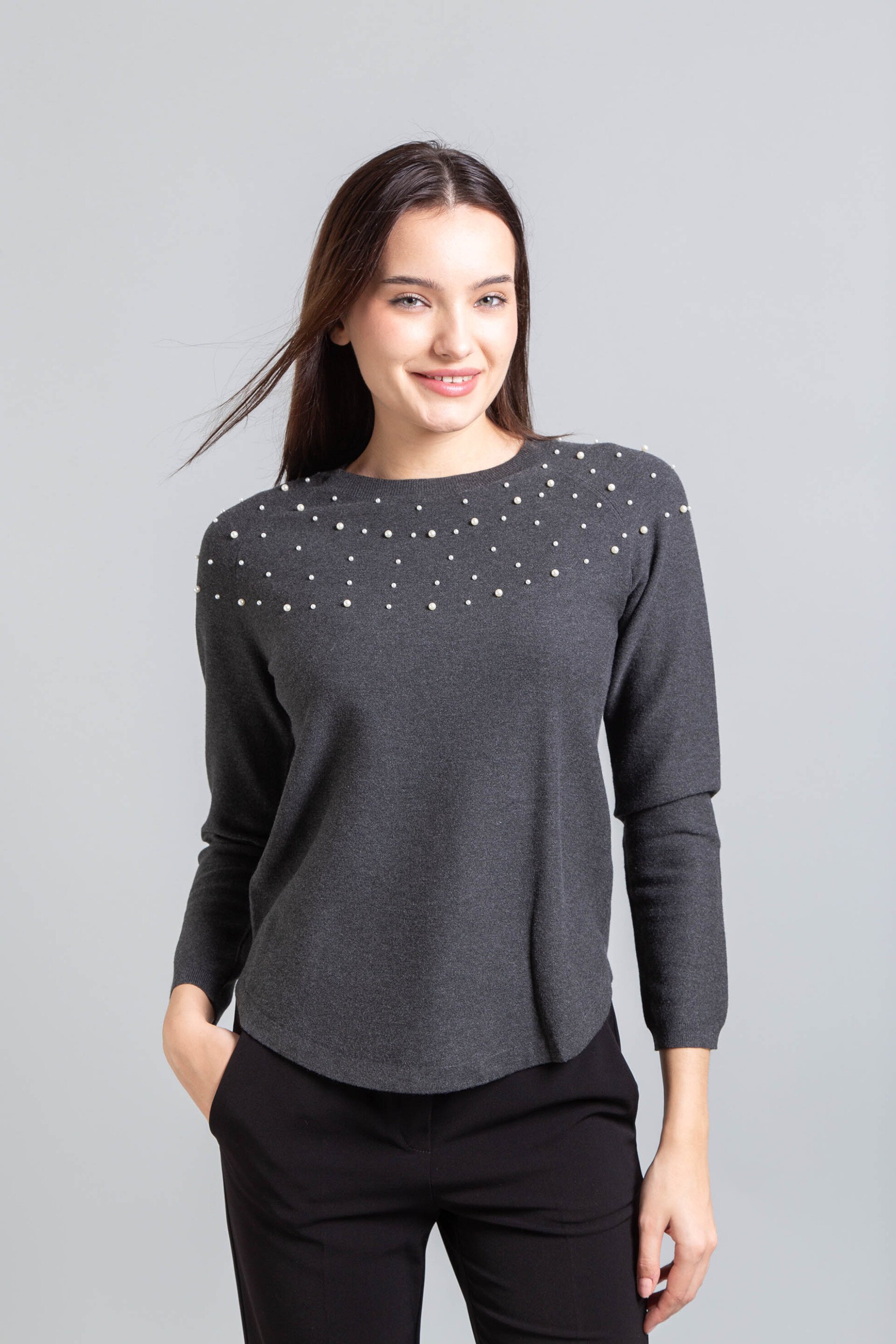 EMME Emme by Marella γυναικεία πλεκτή μπλούζα με πέρλες "Gianni" - 2525366152200 Γκρι