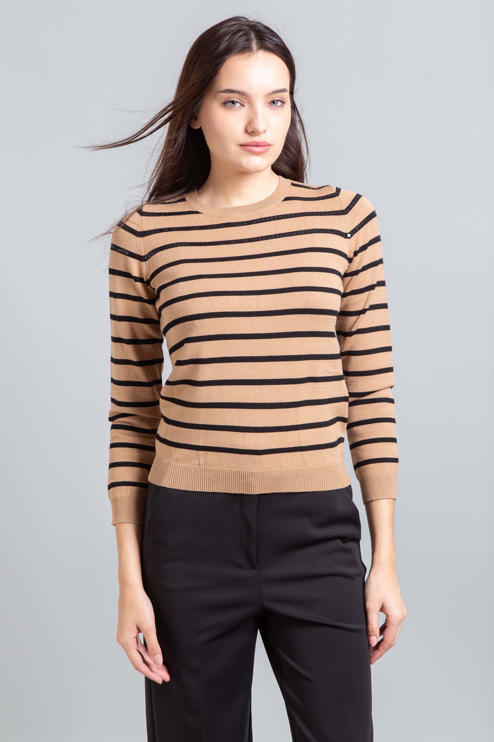 EMME Emme by Marella γυναικεία πλεκτή ριγέ μπλούζα με παγιέτες "Alain" - 2525366232200 Καμηλό