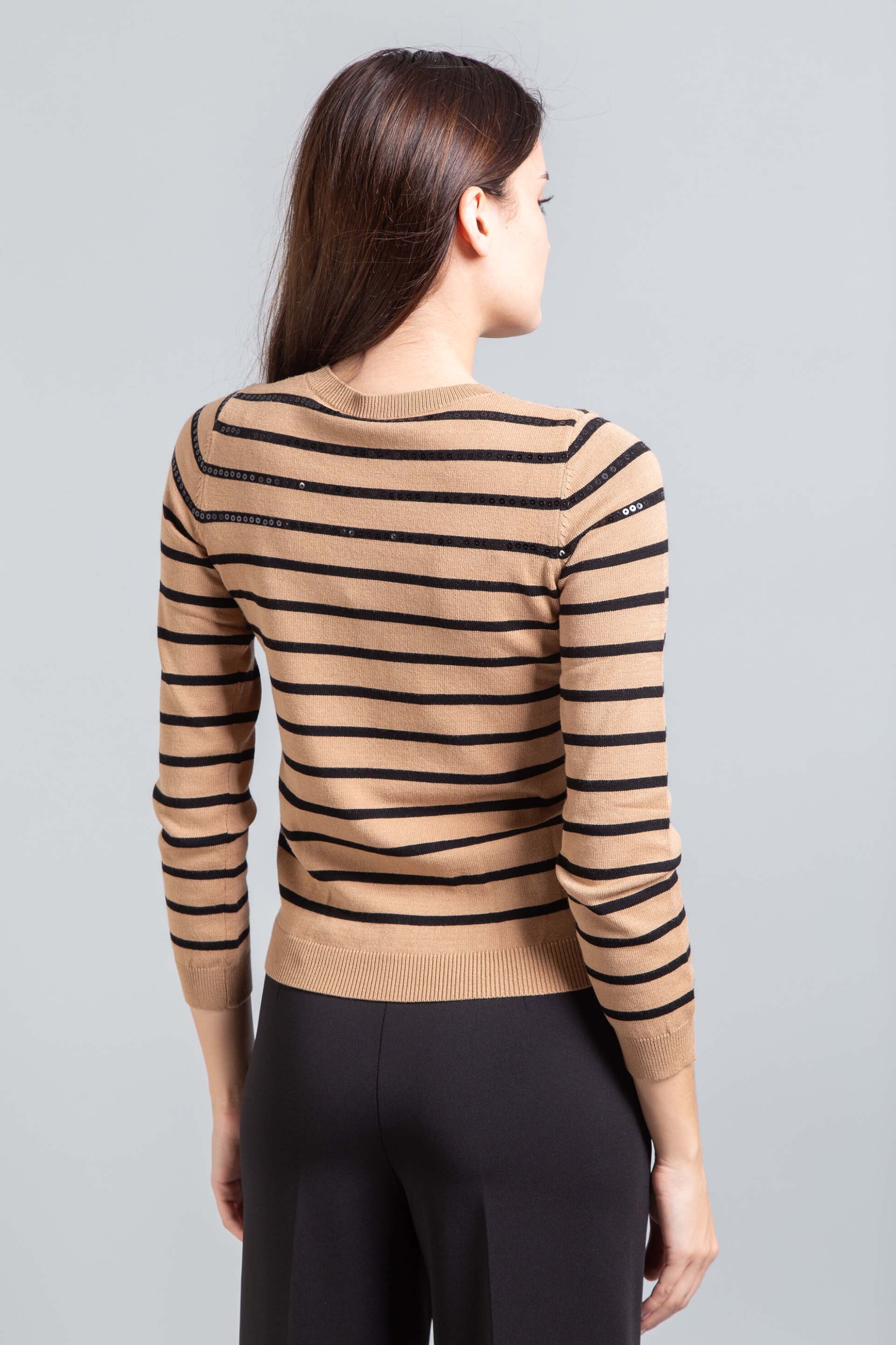 Emme by Marella γυναικεία πλεκτή ριγέ μπλούζα με παγιέτες "Alain" - 2525366232200 Καμηλό φωτογραφία