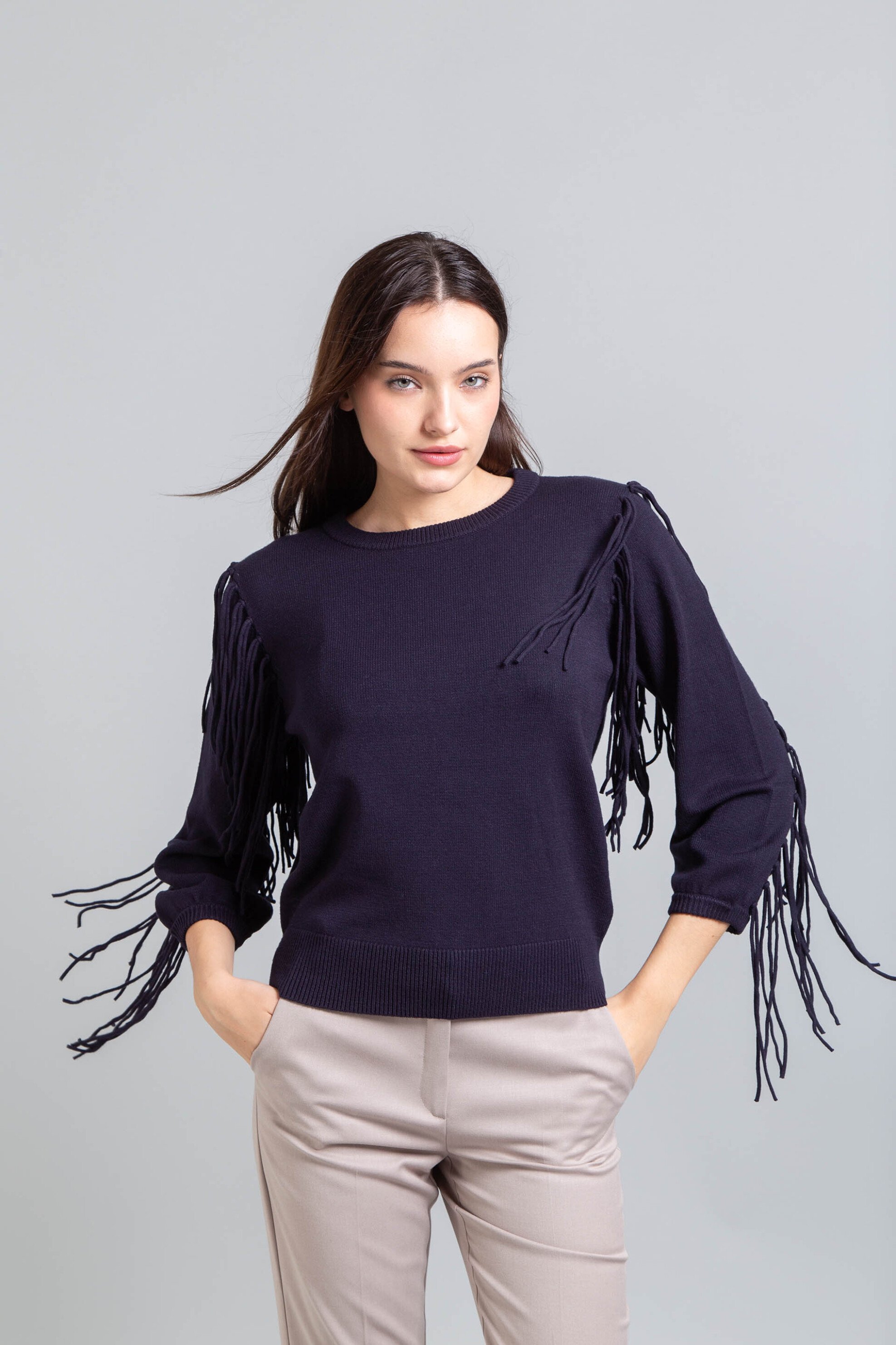 EMME Emme by Marella γυναικεία πλεκτή μπλούζα με κρόσσια "Falco" - 2525366281200 Μπλε Σκούρο