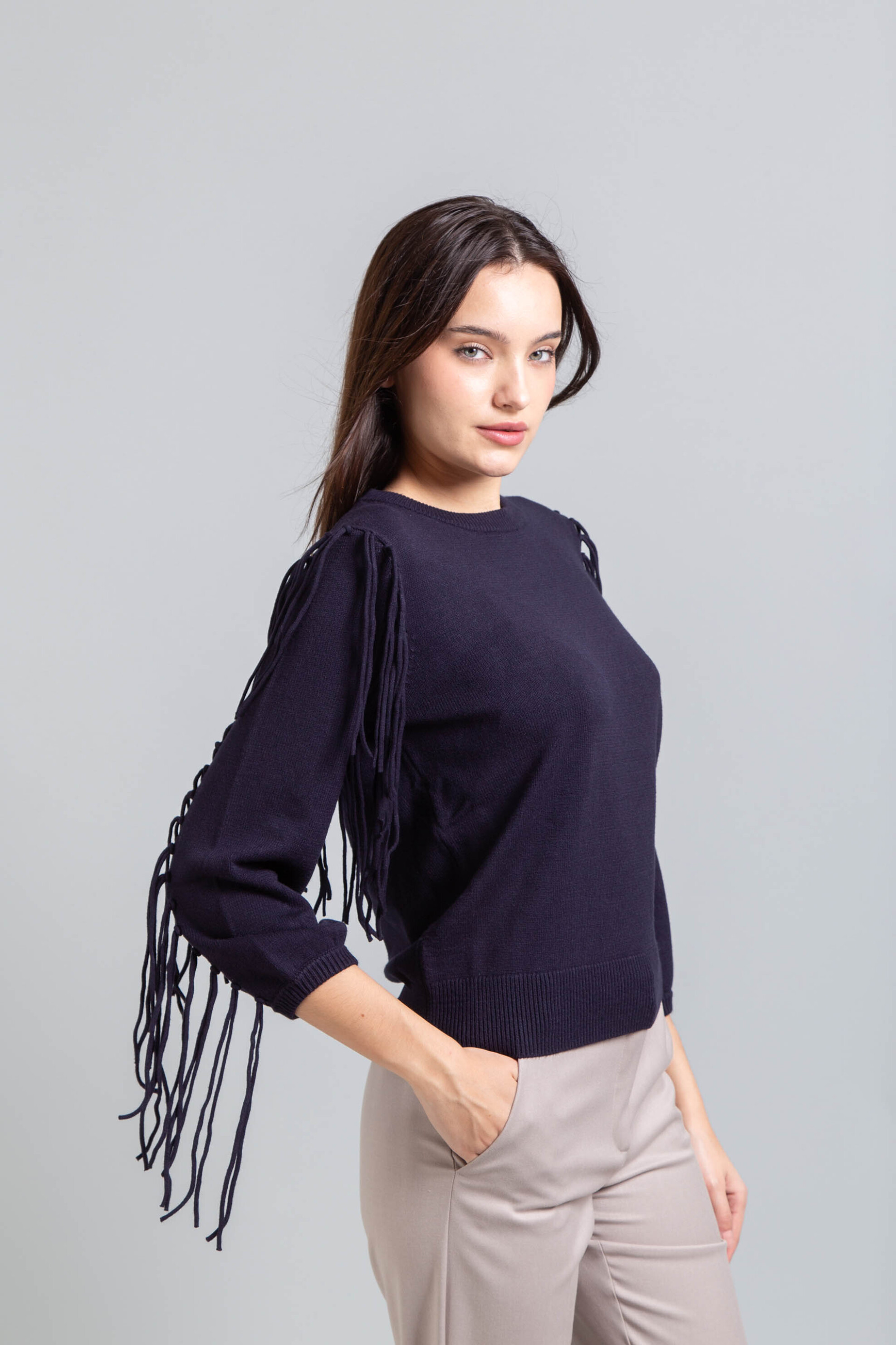 Emme by Marella γυναικεία πλεκτή μπλούζα με κρόσσια "Falco" - 2525366281200 Μπλε Σκούρο φωτογραφία