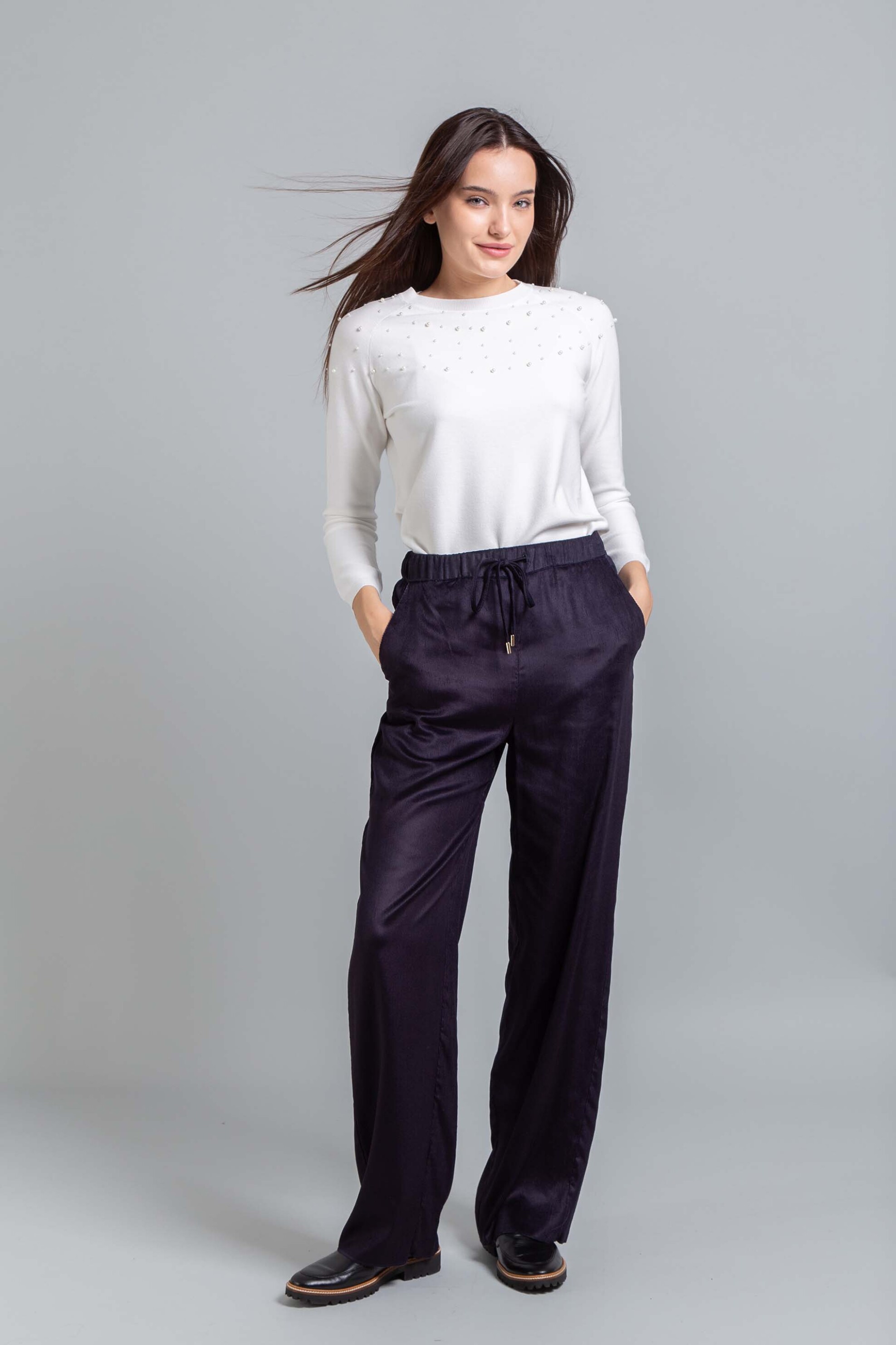 Emme by Marella γυναικείο παντελόνι ψηλόμεσο σατέν - 2525136121200 Μπλε Σκούρο