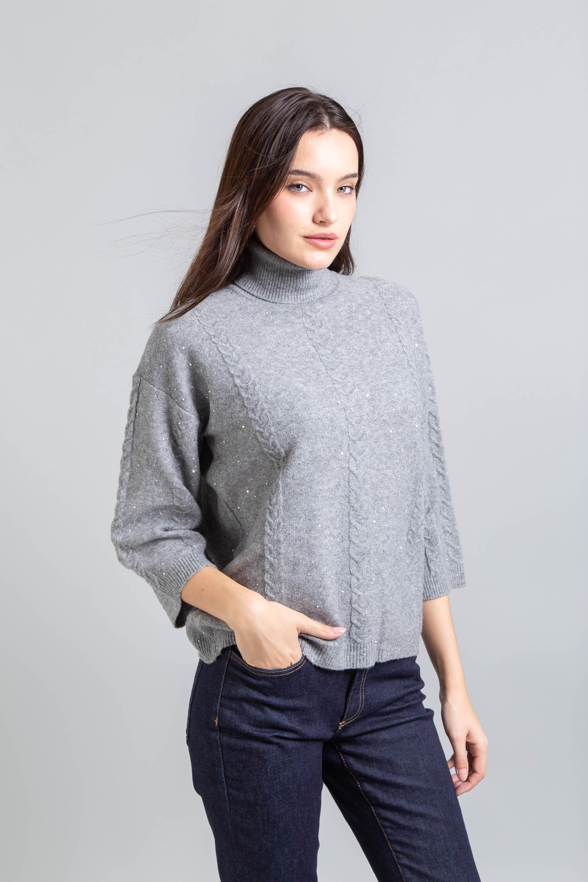 Emme by Marella γυναικεία πλεκτή μπλούζα με πλεξούδες - 2525366032200 Γκρι Ανοιχτό φωτογραφία