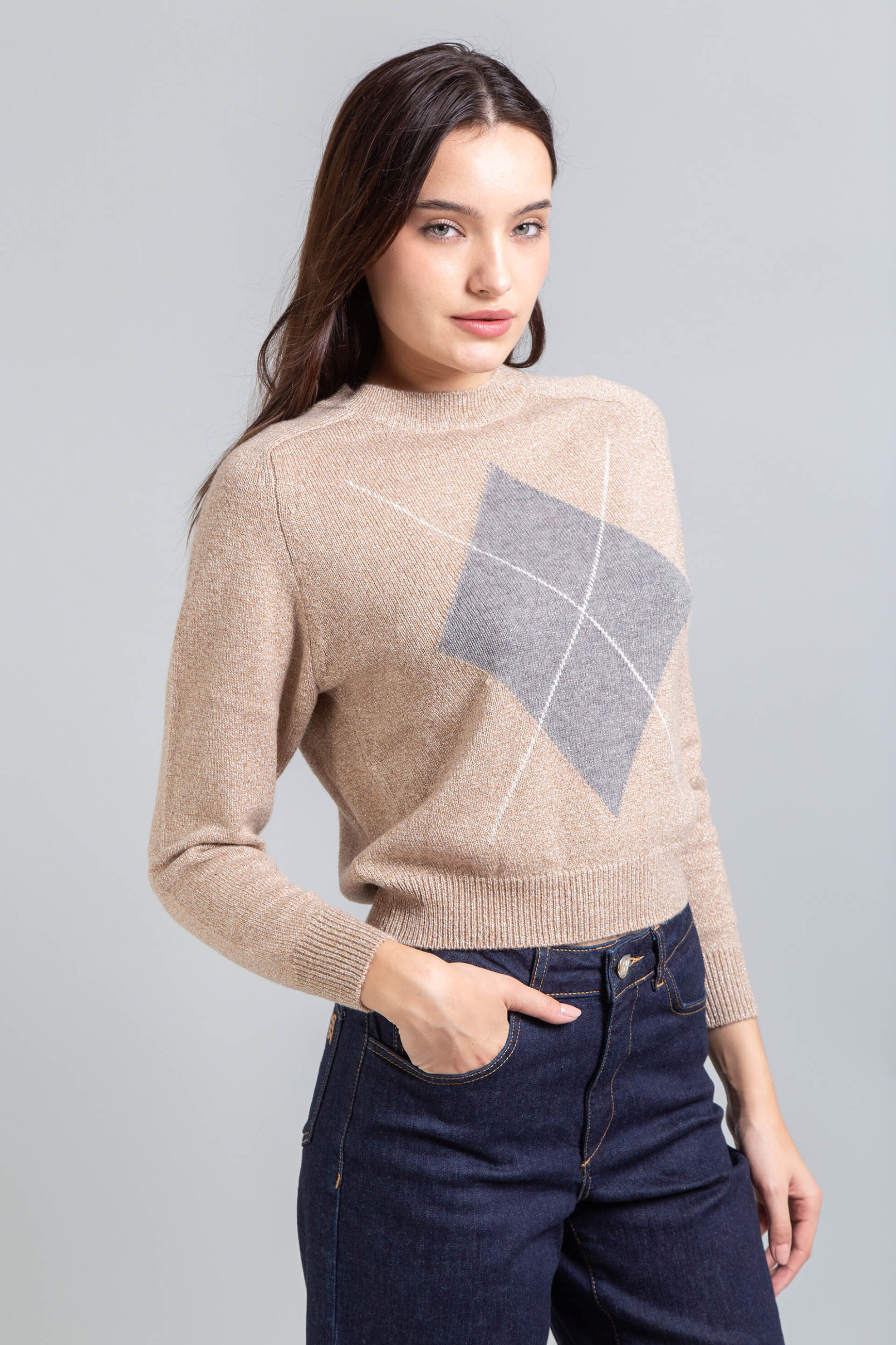 Emme by Marella γυναικεία πλεκτή μπλούζα με ρόμβο στην πλέξη - 2525366062200 Μπεζ φωτογραφία