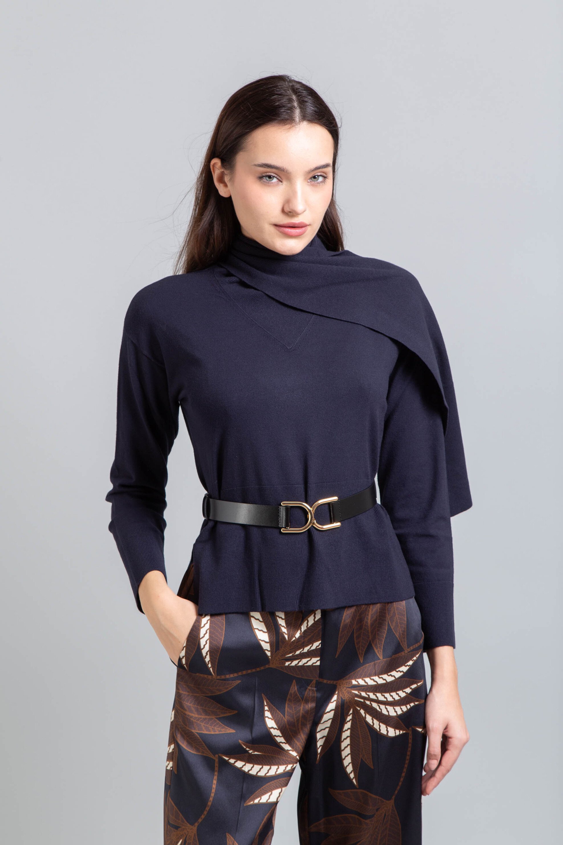 EMME Emme by Marella γυναικεία πλεκτή μπλούζα με δέσιμο στη λαιμόκοψη - 2525366392200 Μπλε Σκούρο