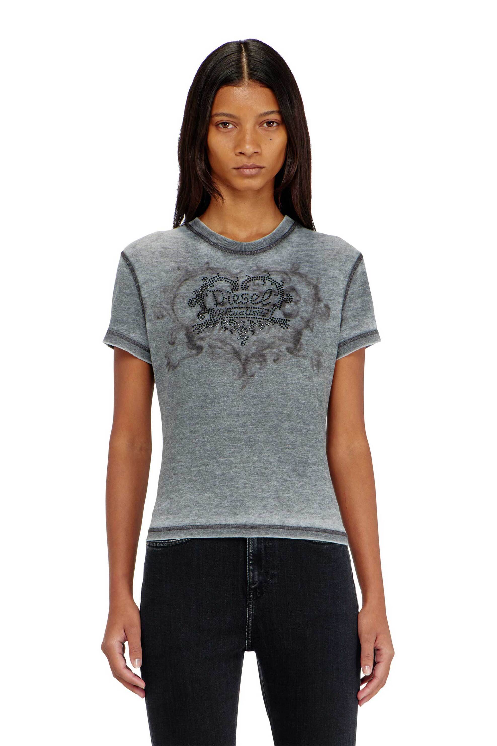 Diesel γυναικείο T-shirt με burnout washed effect και λογότυπο από στρας Slim Fit - W26A232400PLBQ Γκρι