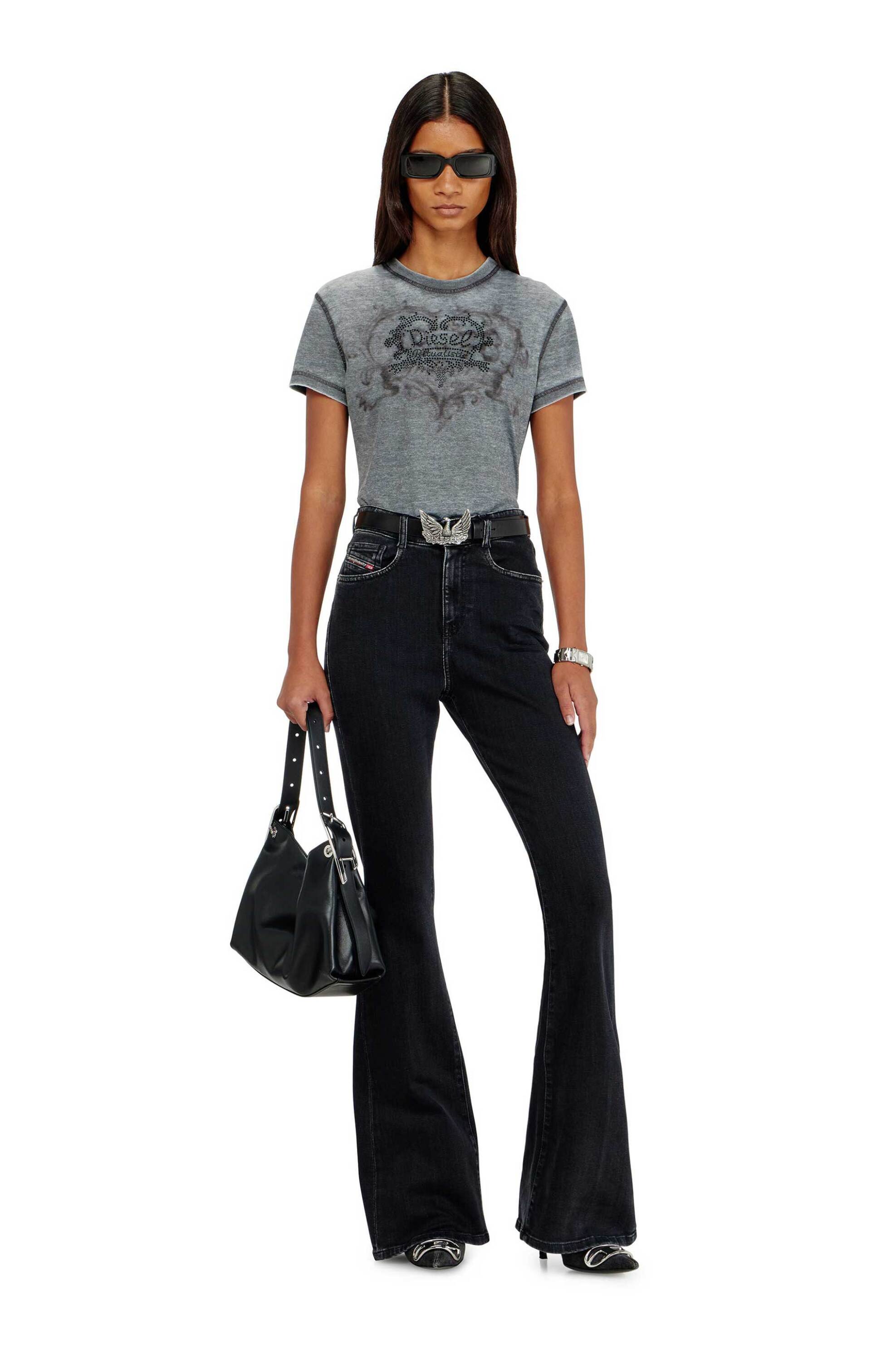 Diesel γυναικείο T-shirt με burnout washed effect και λογότυπο από στρας Slim Fit - W26A232400PLBQ Γκρι