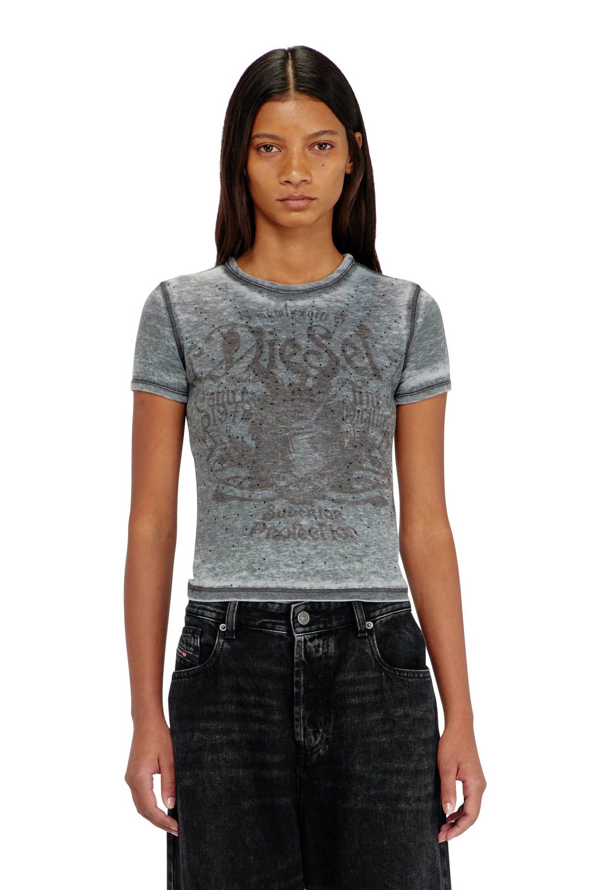 Diesel γυναικείο T-shirt με print από στρας Slim Fit - W26A233290PLBQ Γκρι