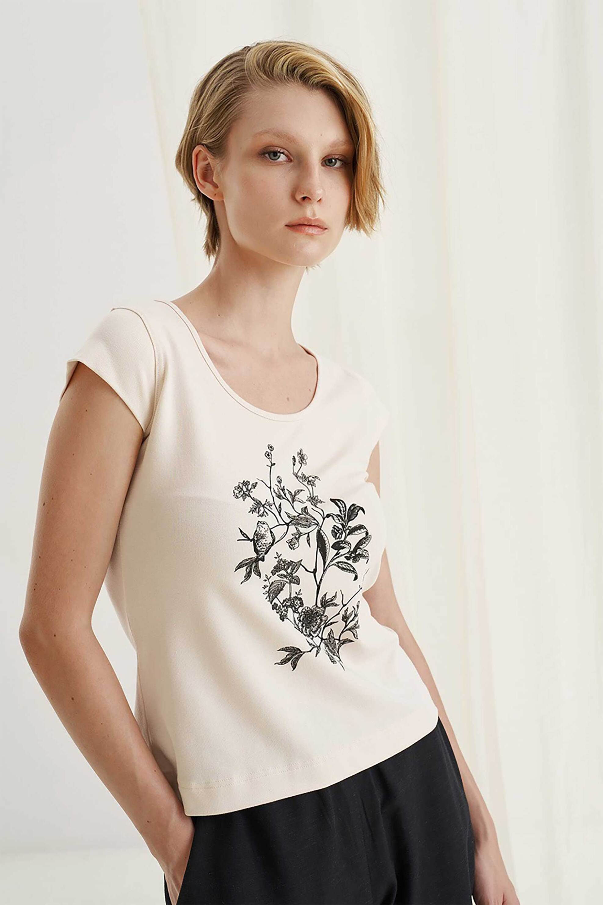 Alexander & Jacob γυναικείο Τ-shirt με bird print - 12620 Εκρού φωτογραφία