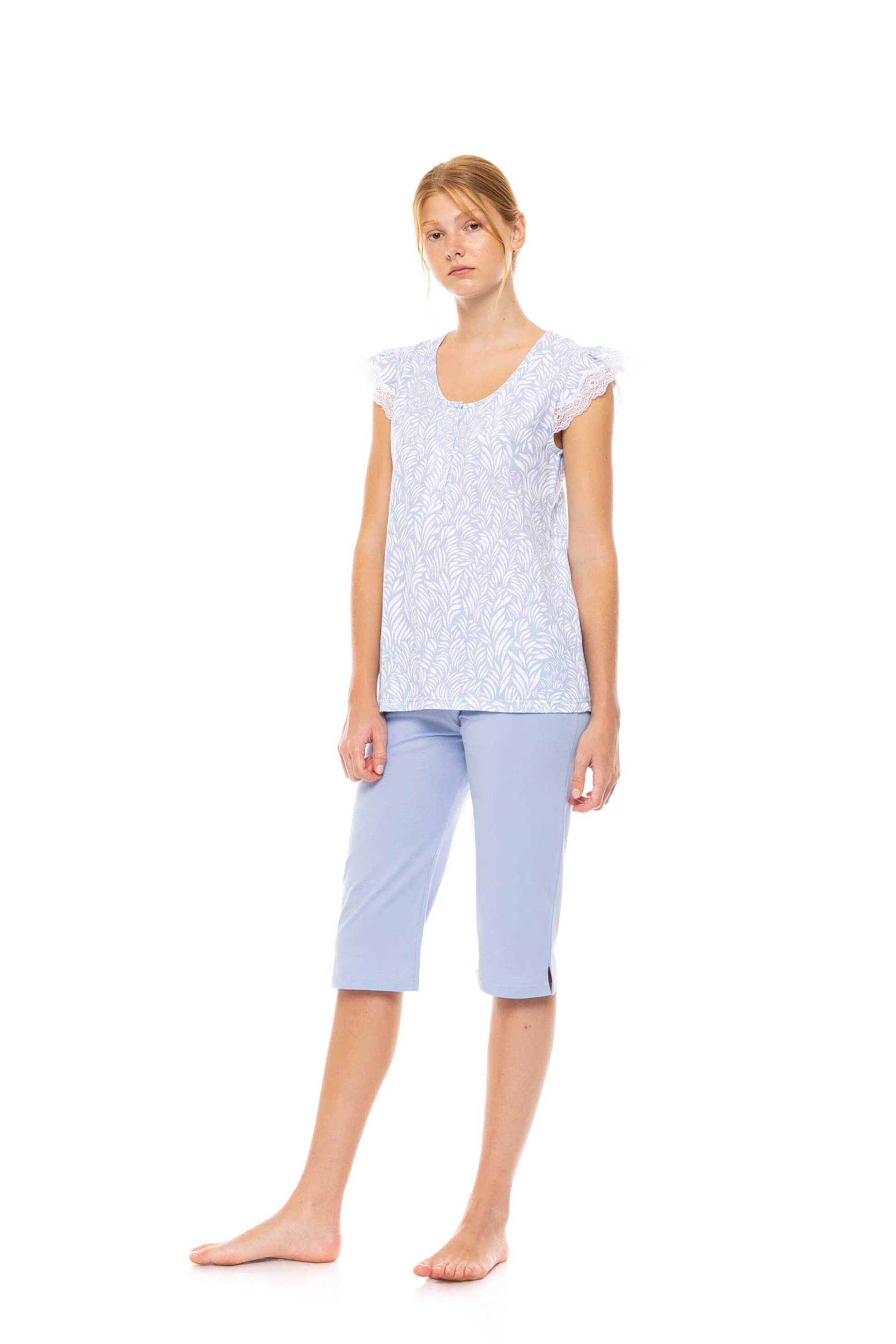 Pink Label γυναικεία πιτζάμα με παντελόνι κάπρι "Ice Blue Fleur" - S1499 Σιελ φωτογραφία