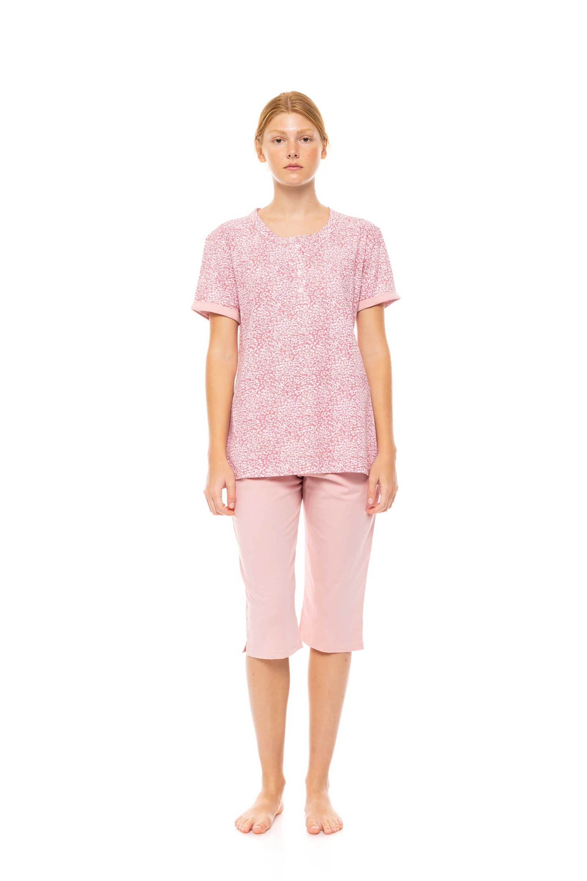 PINK LABEL Pink Label γυναικεία πιτζάμα με leopard rose print και παντελόνι κάπρι - S1460 Ροζ