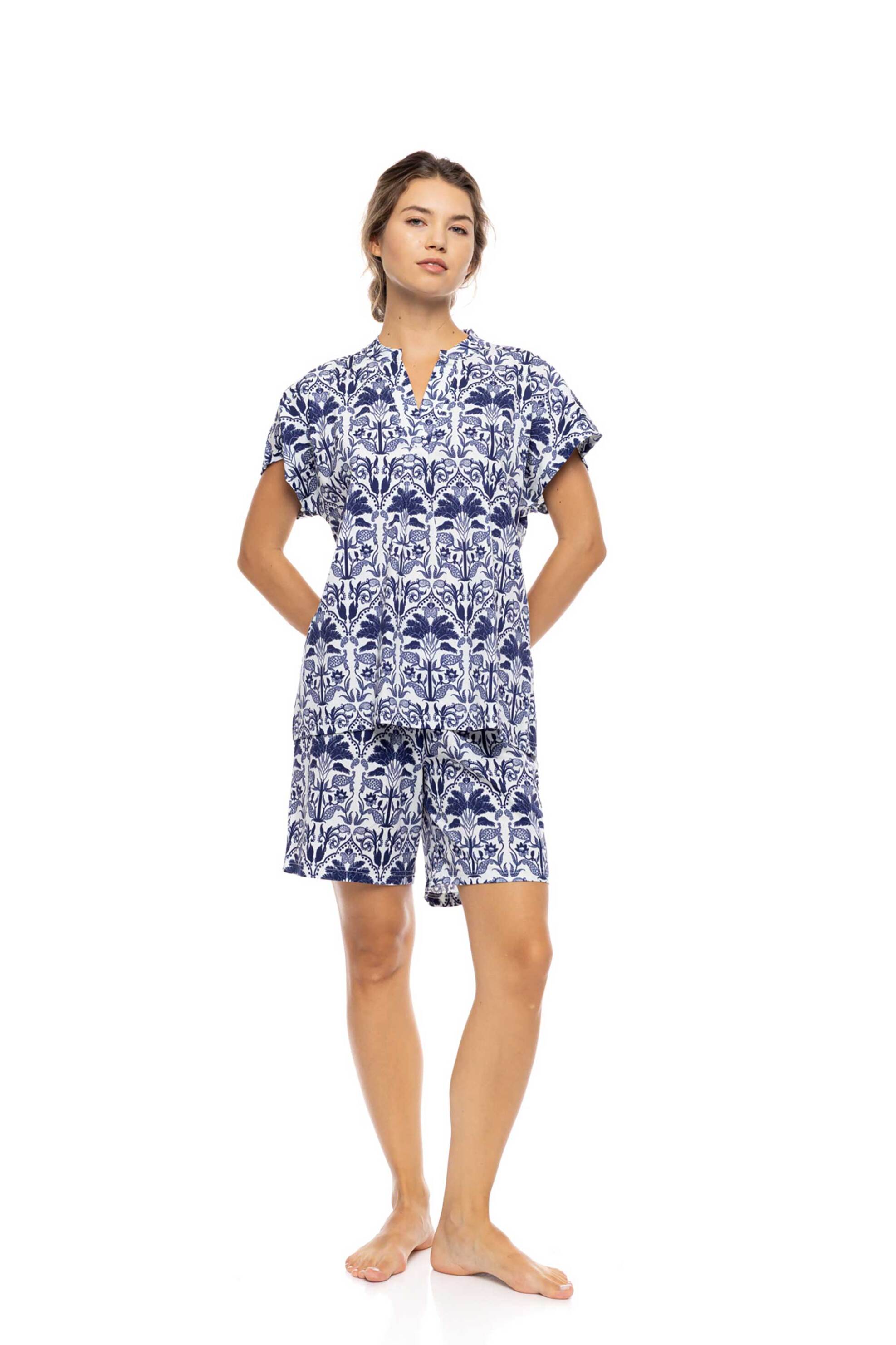 Pink Label σετ γυναικείες πιτζάμες με σορτς "Blue Tropical" - S1553 Μπλε
