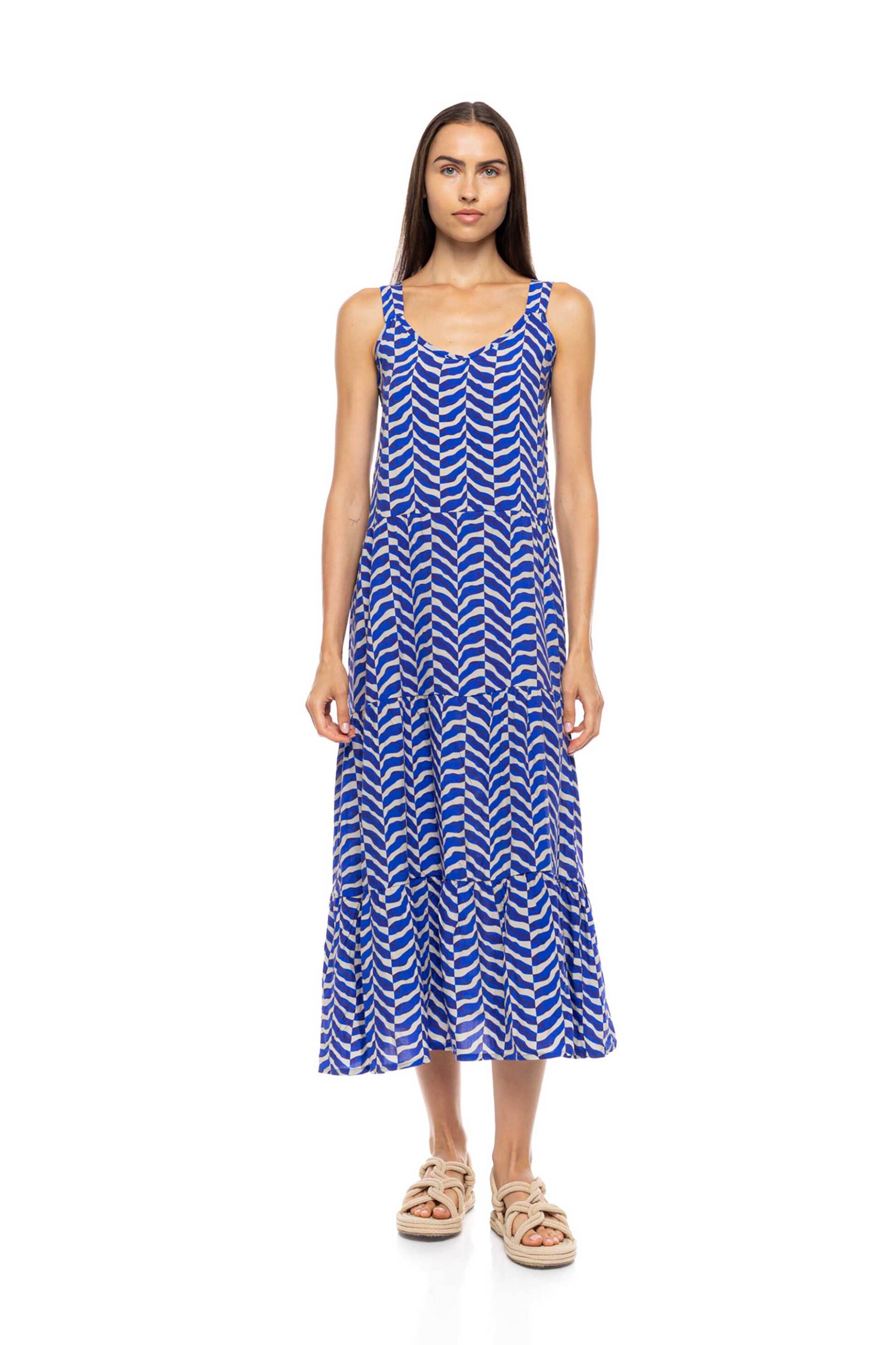 Pink Label γυναικείο φόρεμα maxi παραλίας με print "Aegean" - B689 Γαλάζιο