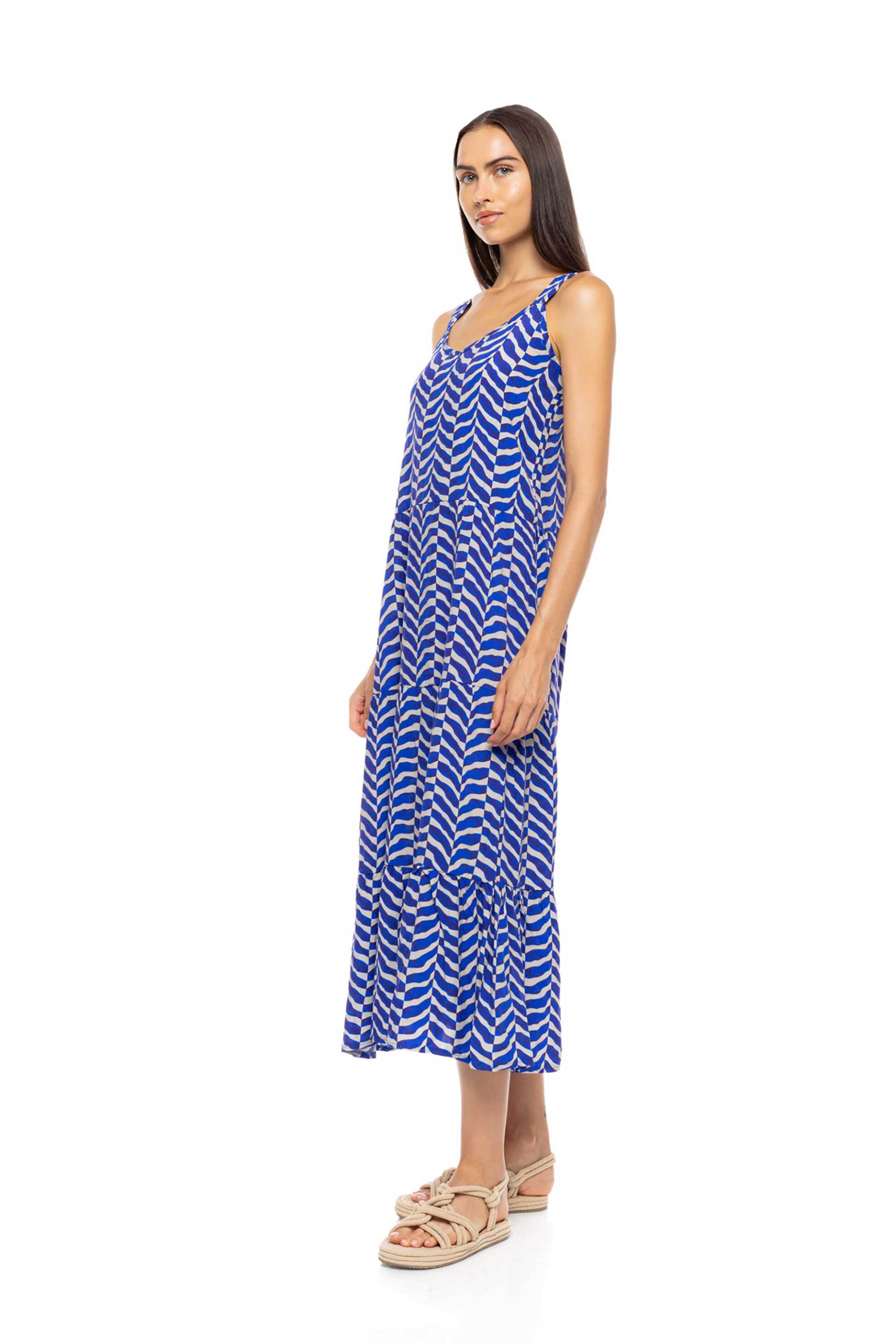 Pink Label γυναικείο φόρεμα maxi παραλίας με print "Aegean" - B689 Γαλάζιο