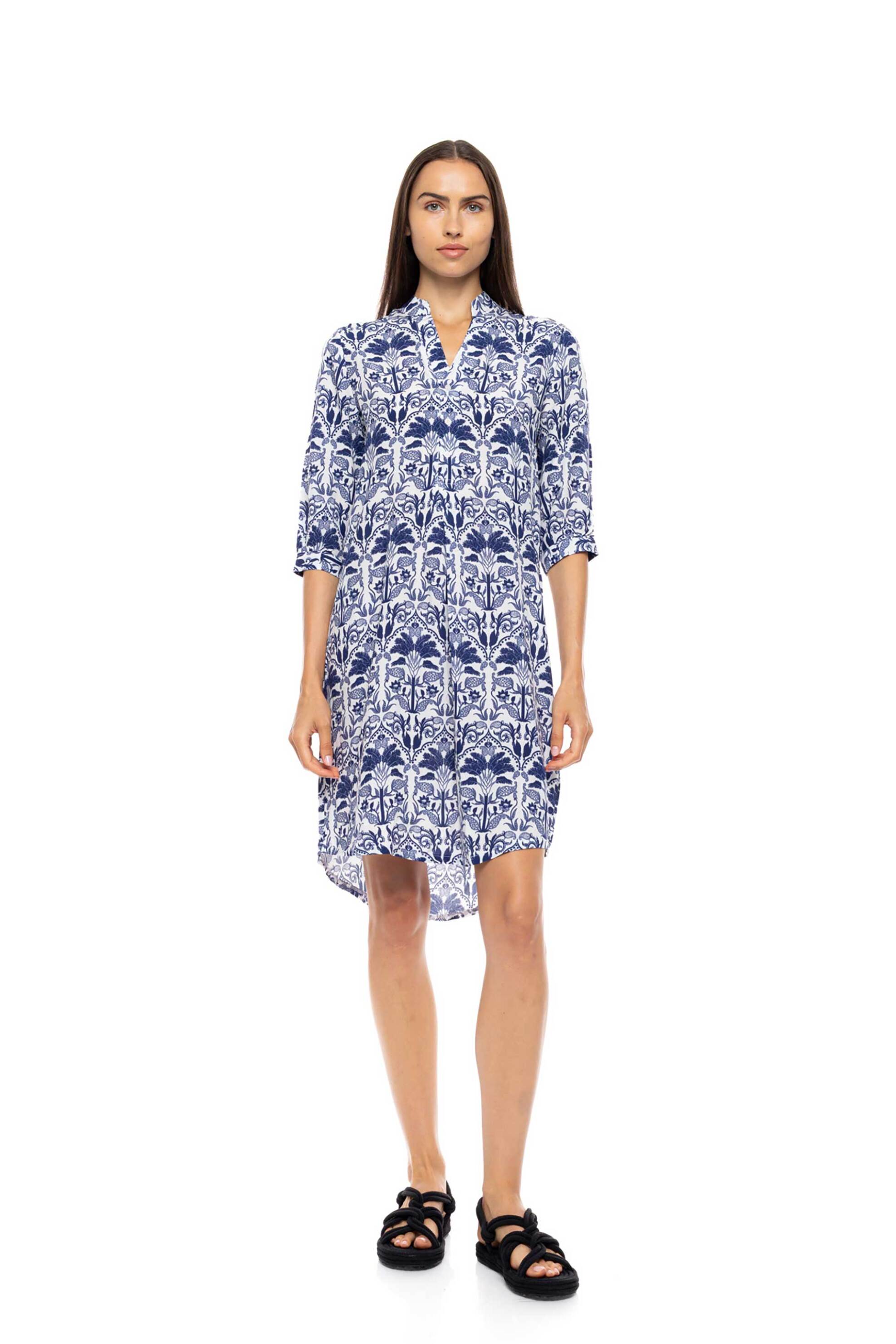Pink Label γυναικείο φόρεμα παραλίας με print "Tropical" - B697 Γαλάζιο