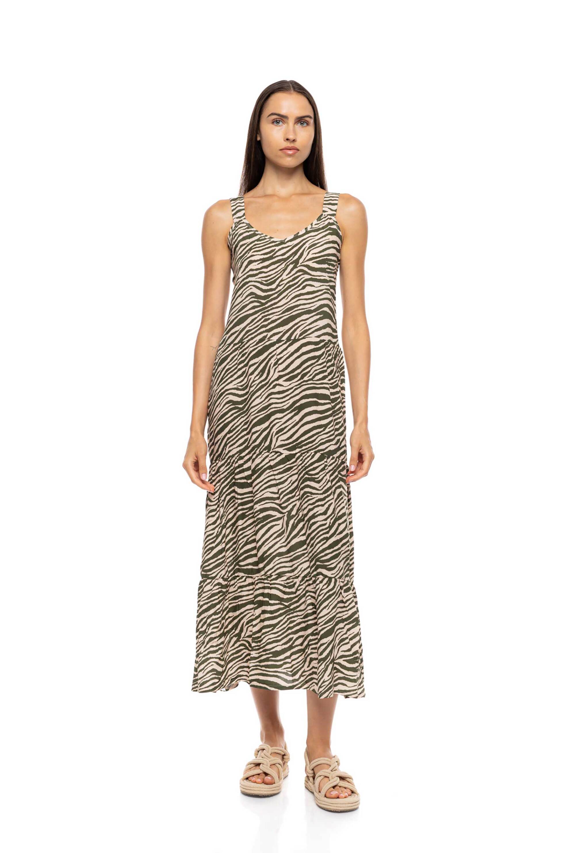 Pink Label γυναικείο φόρεμα maxi παραλίας με print "Bilbao Green Leo" - B747 Πράσινο Μπεζ