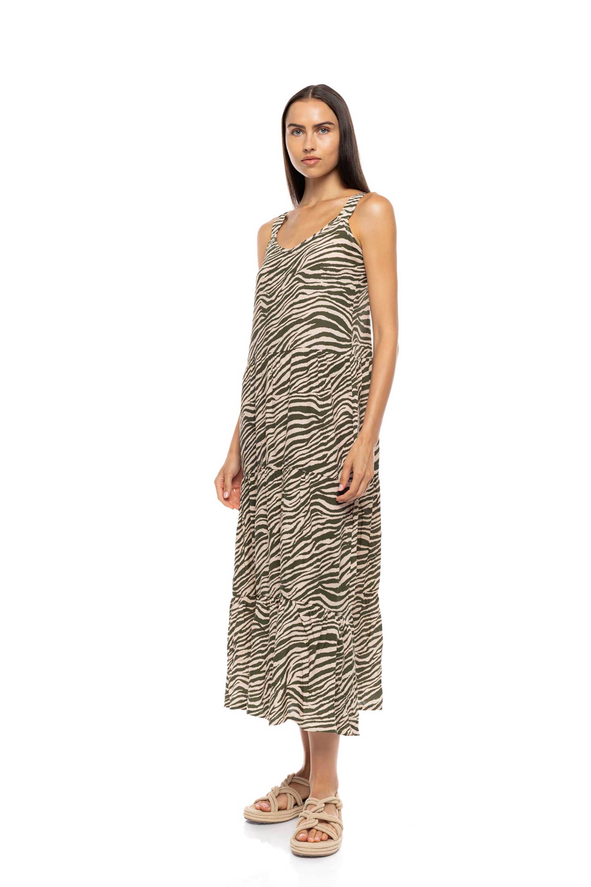 Pink Label γυναικείο φόρεμα maxi παραλίας με print "Bilbao Green Leo" - B747 Πράσινο Μπεζ