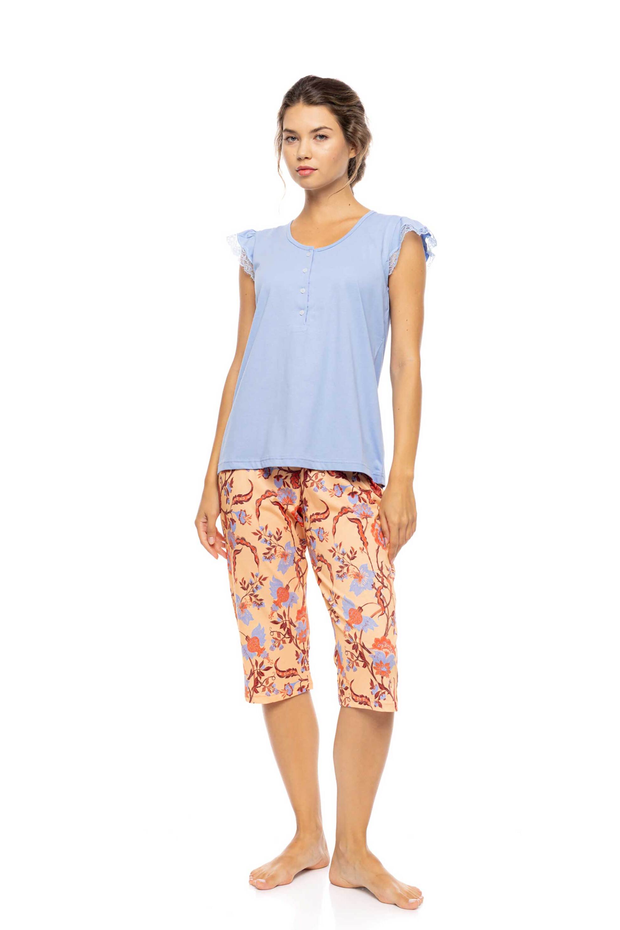 PINK LABEL Pink Label σετ γυναικείες πιτζάμες με capri παντελόνι "Tropical Flower" - S1613 Μπλε