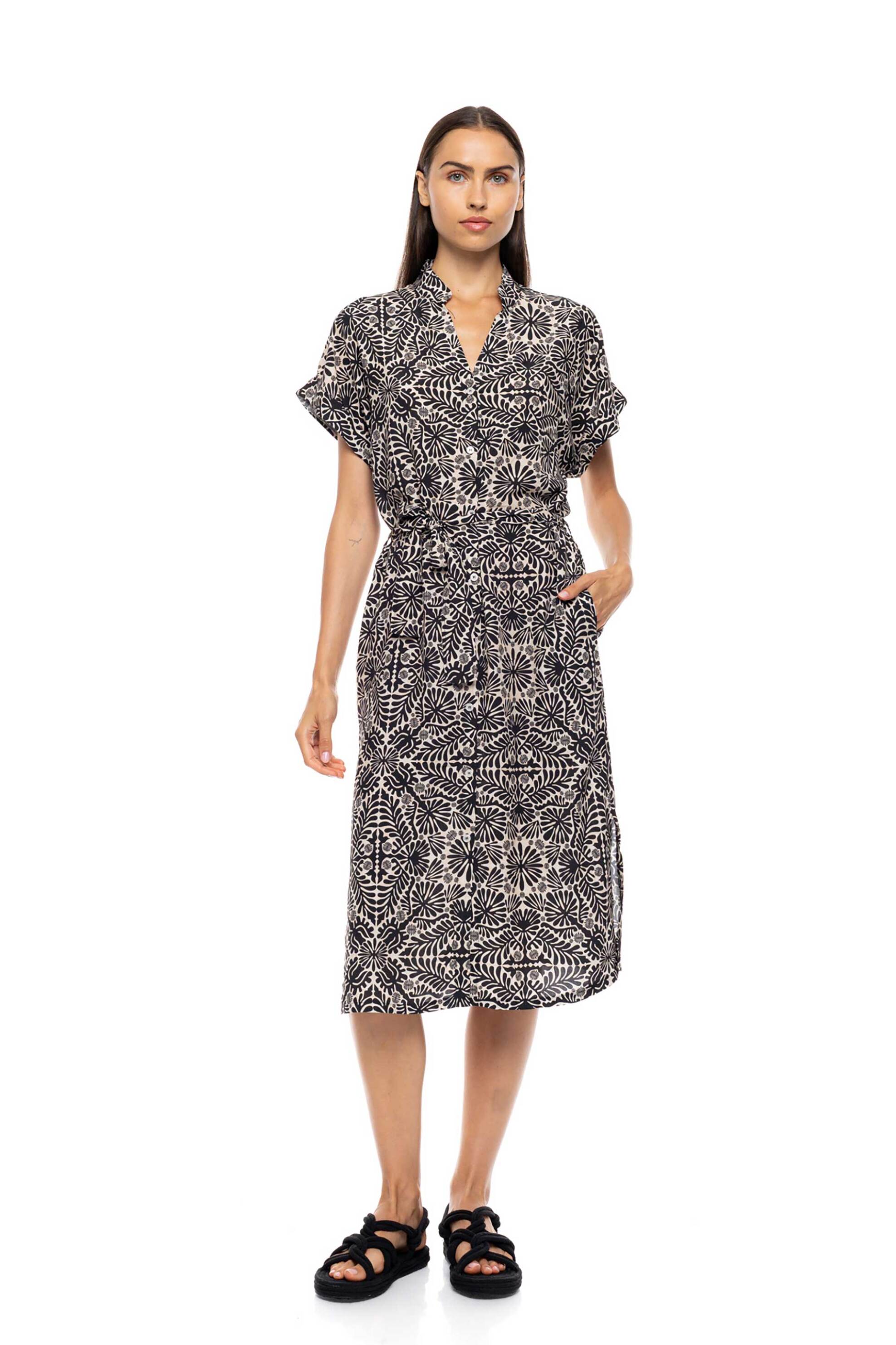 Pink Label γυναικείο φόρεμα παραλίας σεμιζιέ με print "Sand Tropical Cameo" - B753 Μαύρο