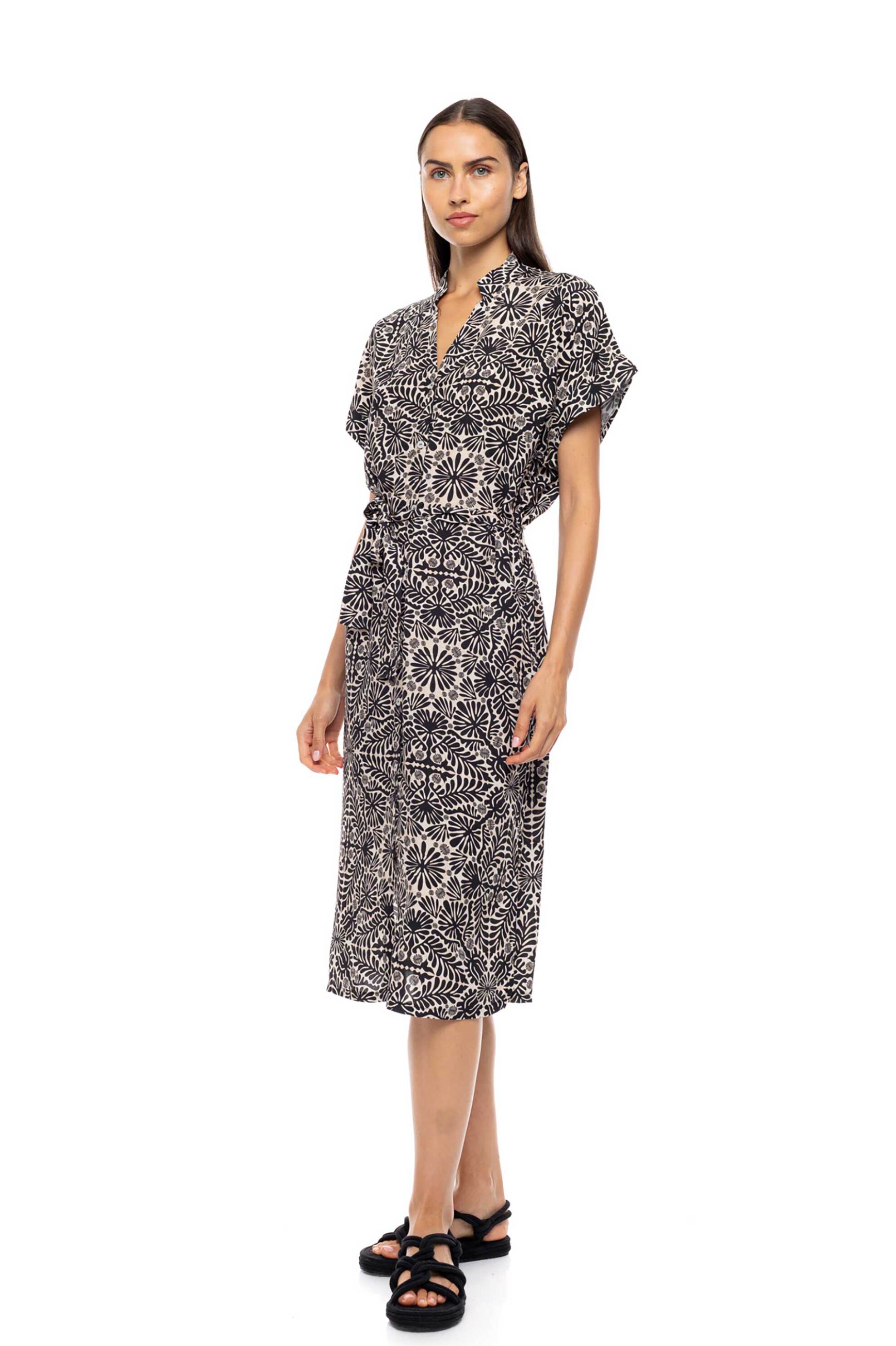 Pink Label γυναικείο φόρεμα παραλίας σεμιζιέ με print "Sand Tropical Cameo" - B753 Μαύρο