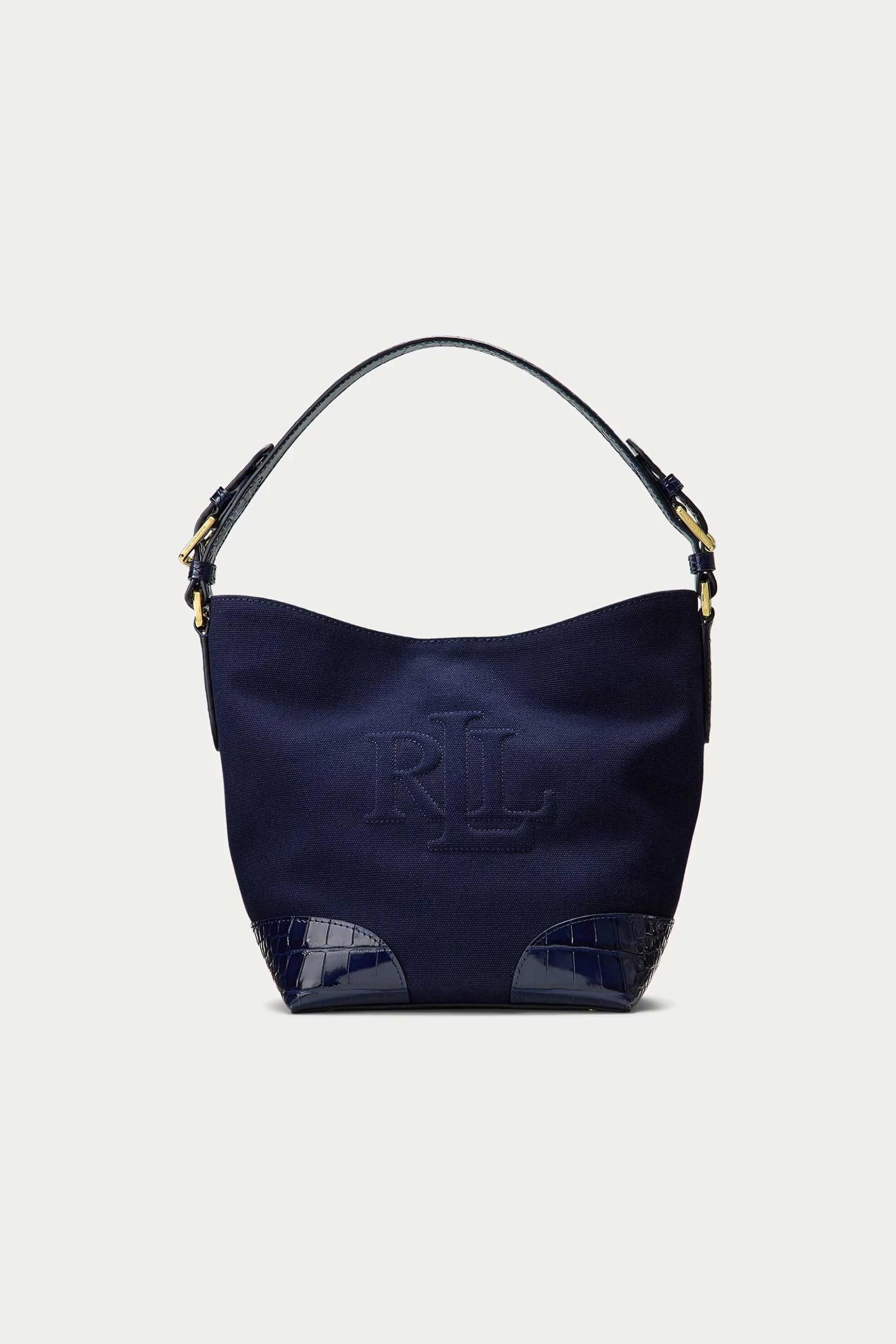 LAUREN RALPH LAUREN Lauren Ralph Lauren γυναικεία δερμάτινη τσάντα canvas bucket με ανάγλυφο logo "Medium Witley" - 324-431958976/003 Μπλε Σκούρο