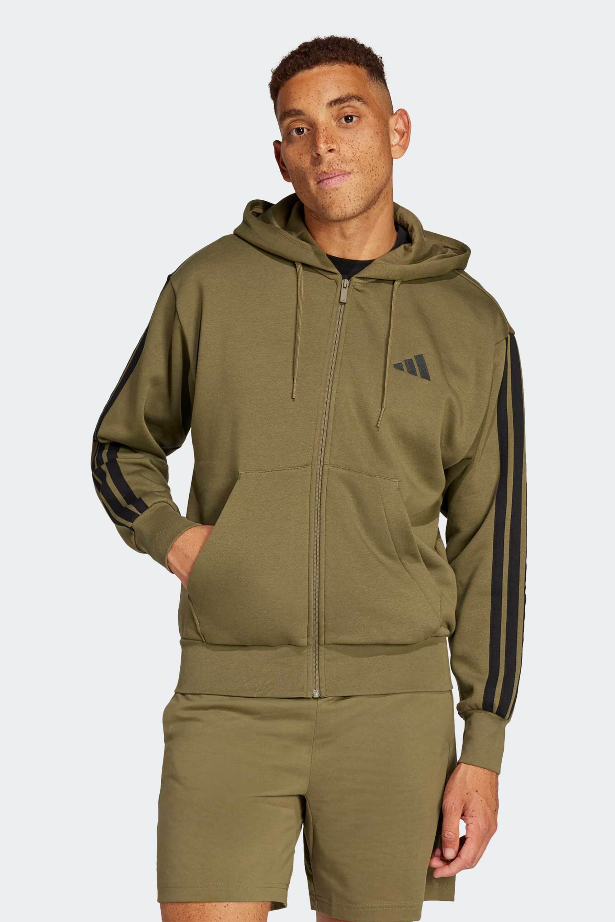 ADIDAS Adidas ανδρική ζακέτα φούτερ με κουκούλα Regular Fit "Essentials 3-Stripes Fleece" - JD1864 Λαδί