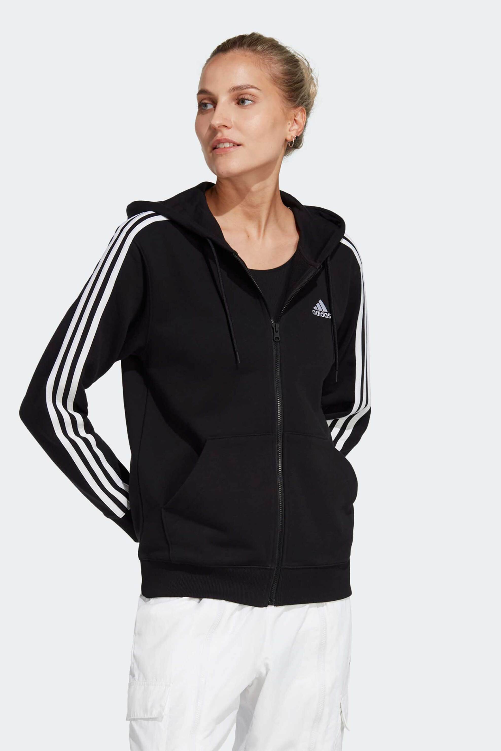 ADIDAS Adidas γυναικεία ζακέτα φούτερ με κουκούλα Regular Fit "Essentials 3-Stripes French Terry" - IC8769 Μαύρο