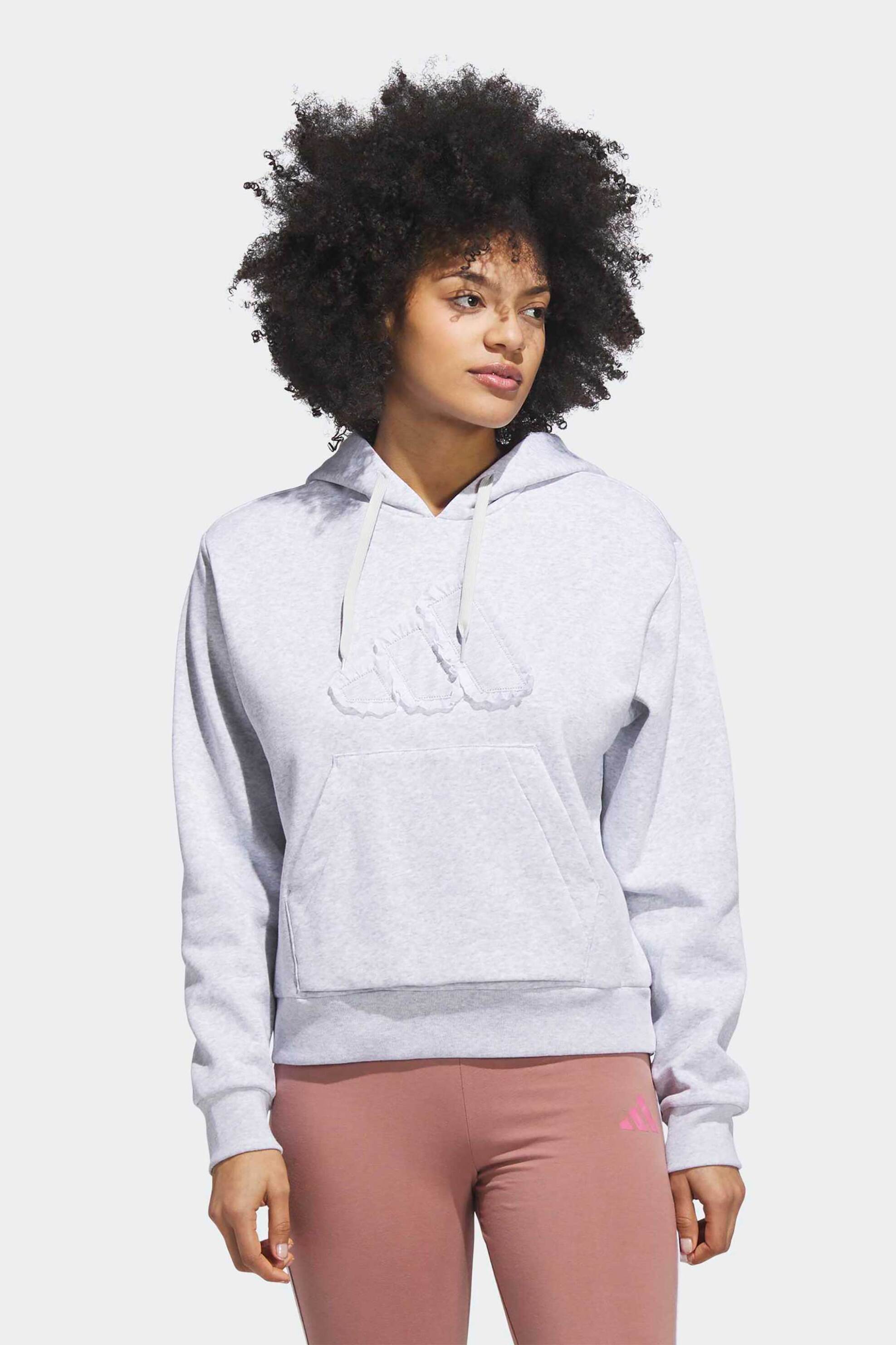 Adidas γυναικεία μπλούζα φούτερ με κουκούλα Regular Fit "Seasonal Essentials Ruffled Big Logo Graphic" - JX1326 Γκρι