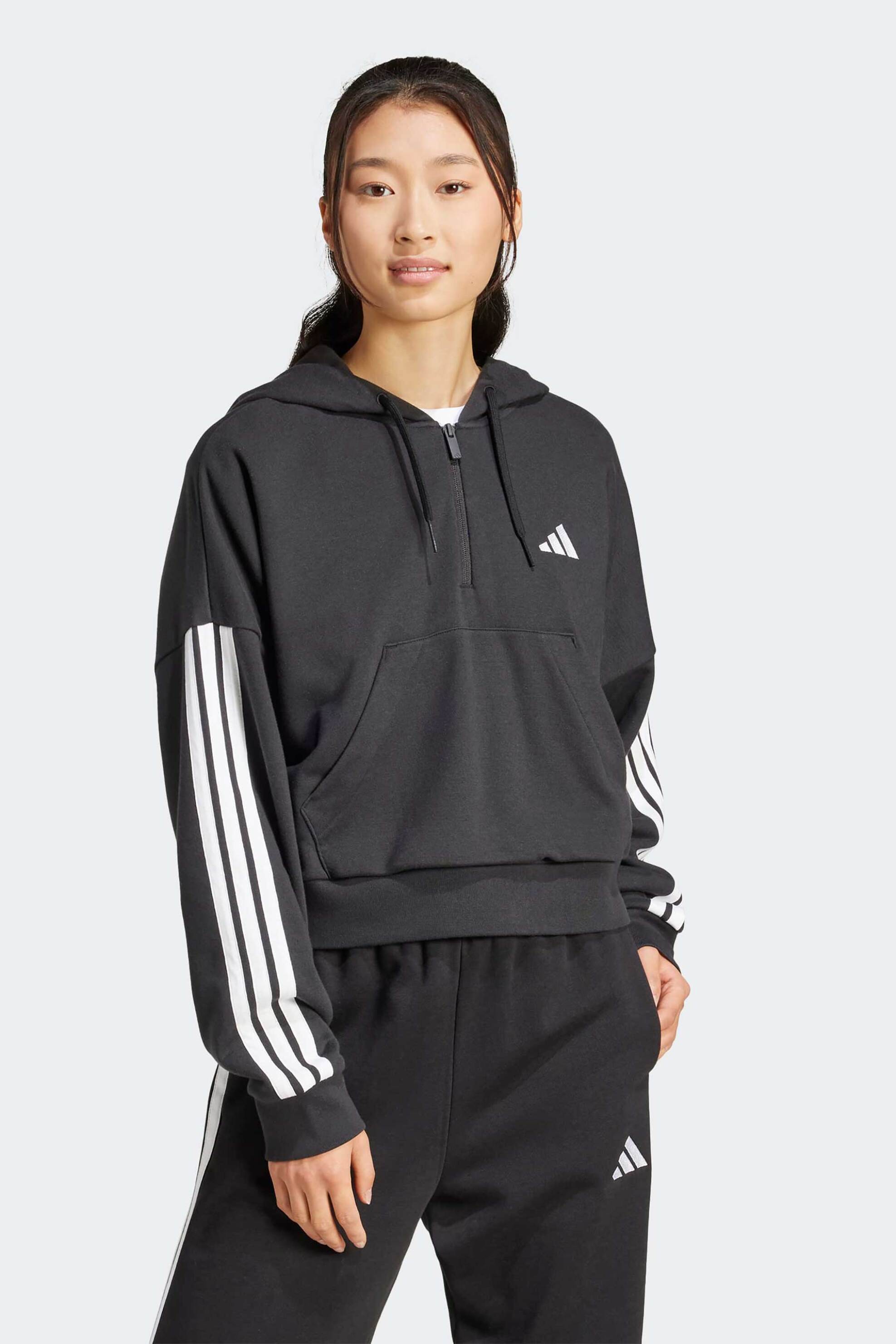Adidas γυναικεία μπλούζα φούτερ με κουκούλα Loose Fit "Essentials 3-Stripes French Terry" - JN1956 Μαύρο