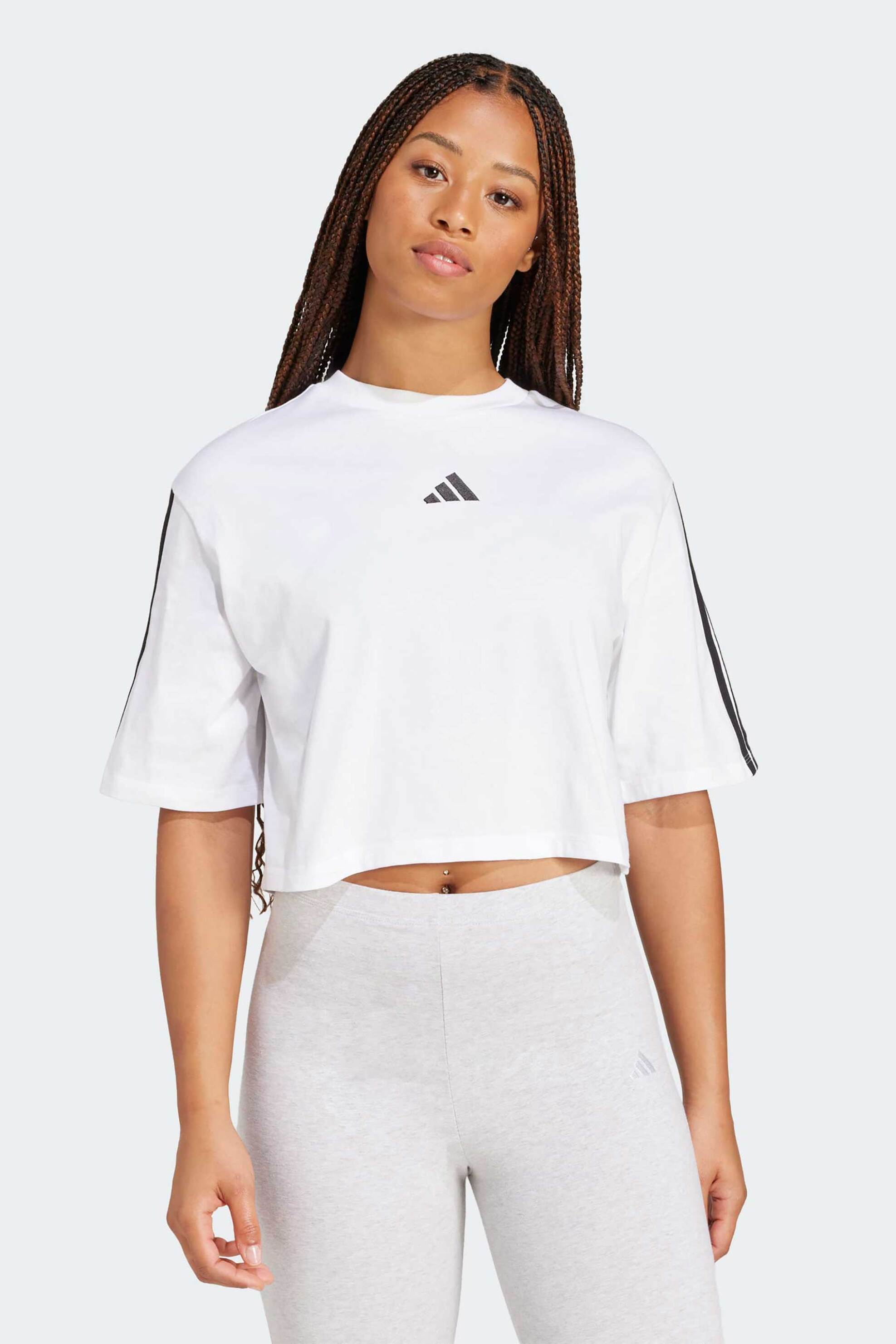 Adidas γυναικείο T-shirt cropped Loose Fit "Essential 3-Stripes Cotton" - JD4999 Λευκό