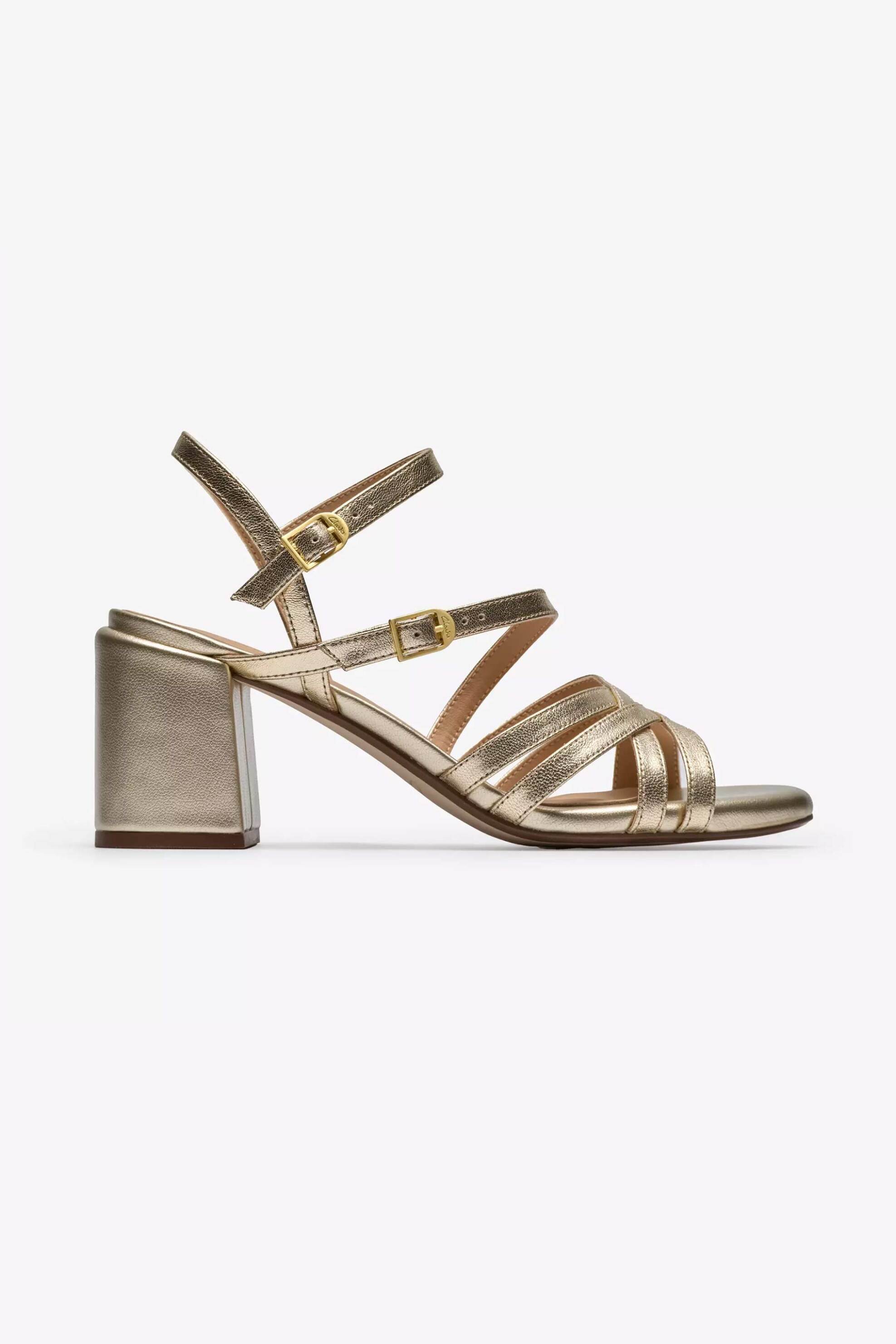 Clarks γυναικεία δερμάτινα πέδιλα με χοντρό τακούνι "Ezoria Strap" - 26185896 Χρυσό