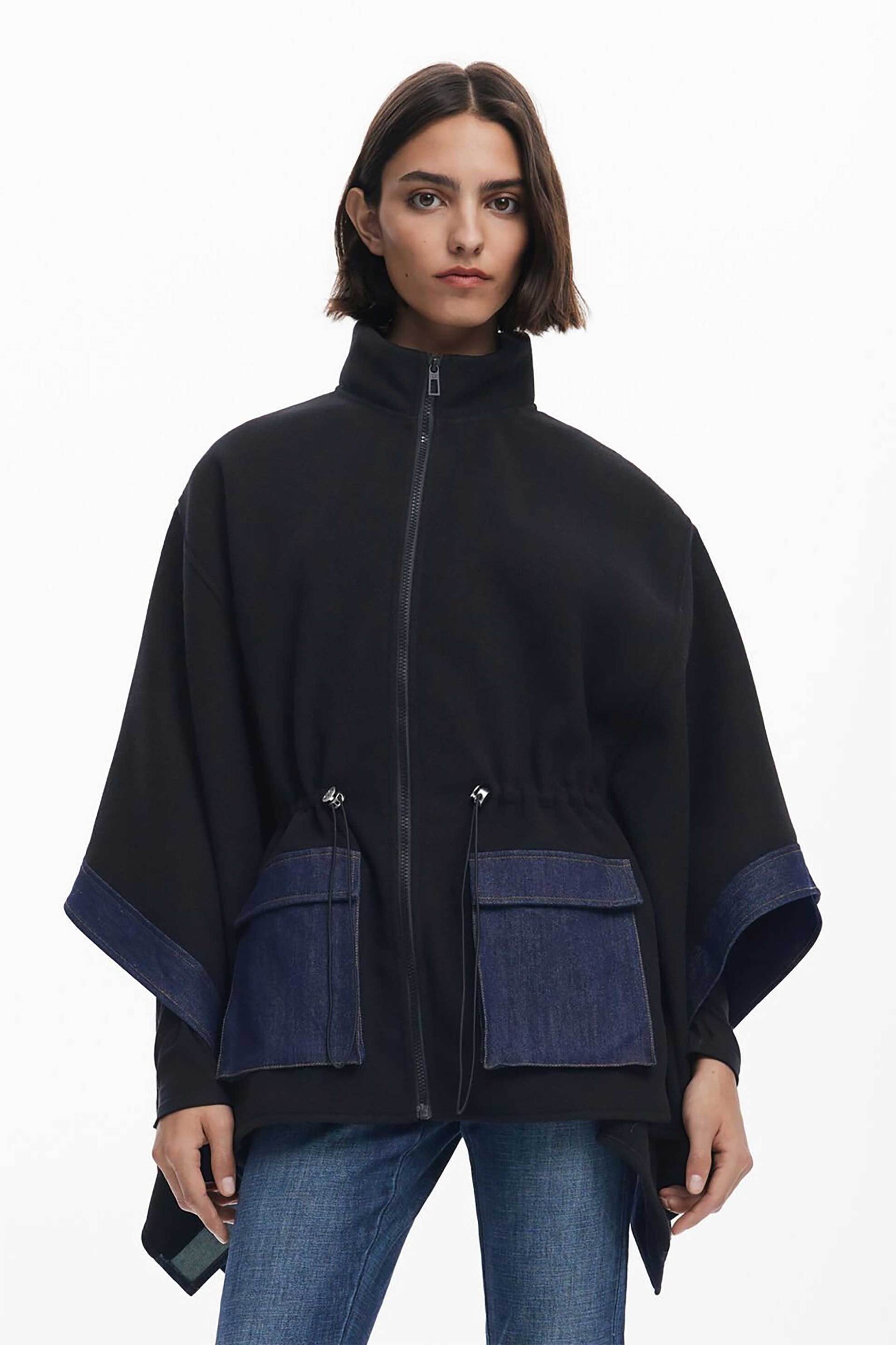 DESIGUAL Desigual γυναικείο denim πόντσο με συνδυασμό υφασμάτων Regular Fit - 25WAIA15 Μαύρο