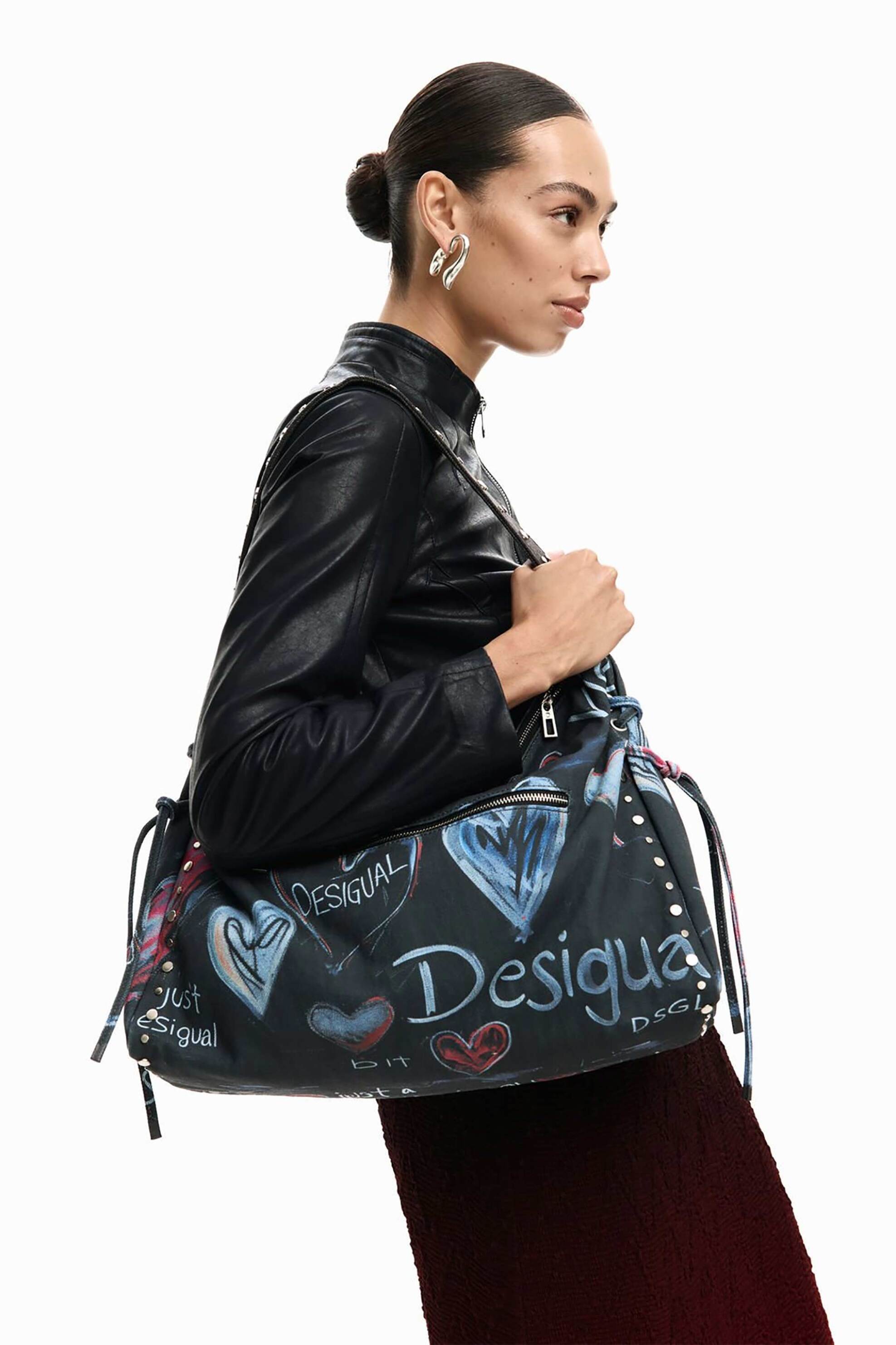Desigual Γυναικεία Τσάντα Ώμου με Lettering Και Σχέδια Stacatto - 26Saxa56 Σκούρο Μπλε